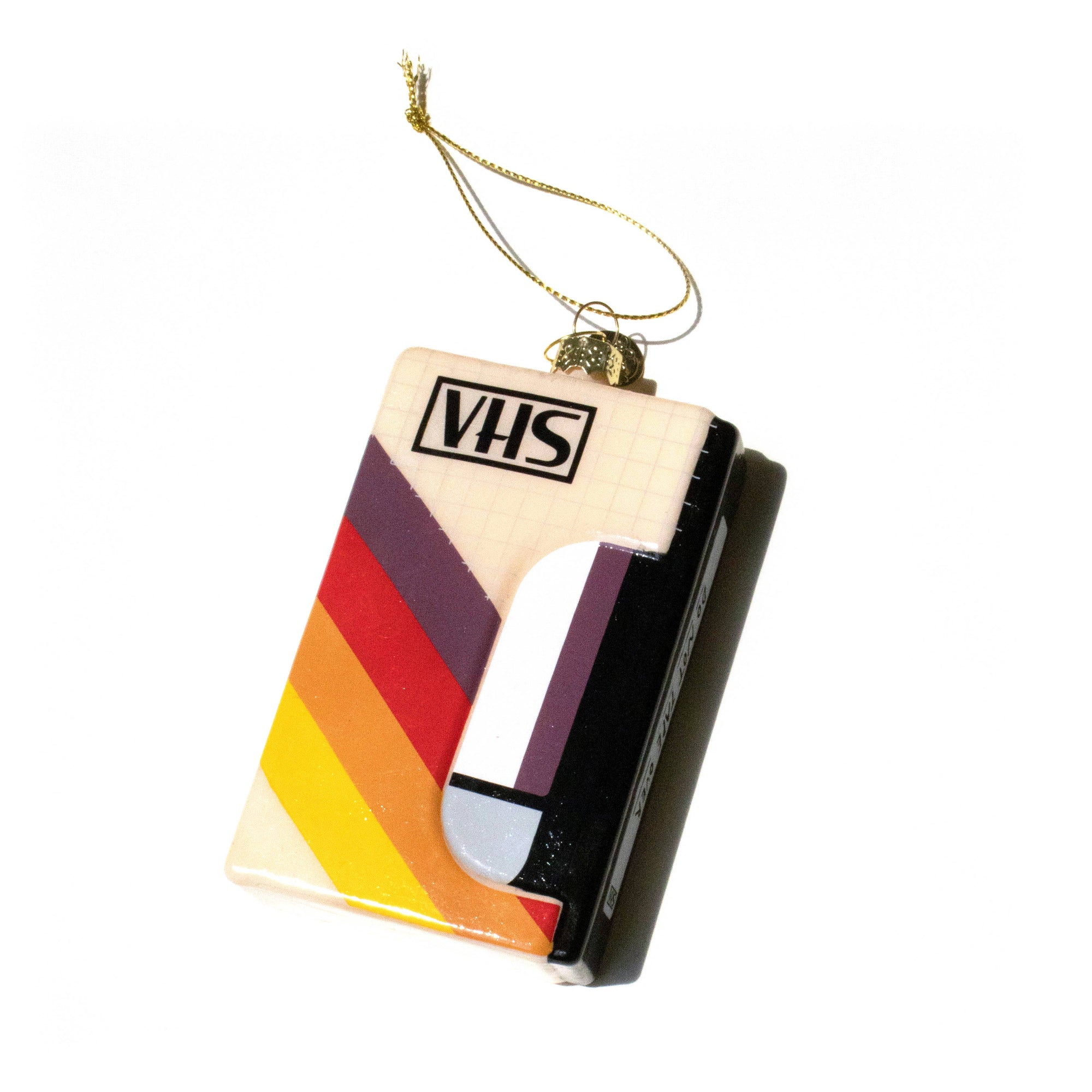 VHS tape ornament with colorful stripes on a white background