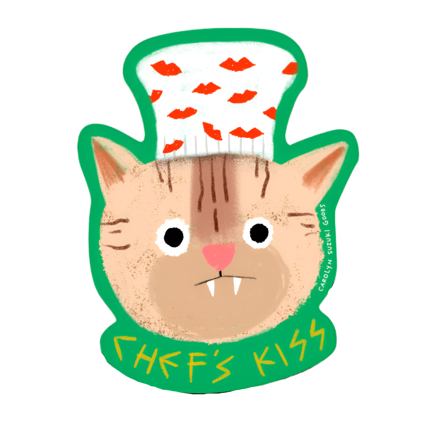 Cat-shaped sticker with chef's hat and 'Chef's Kiss' text on a white background