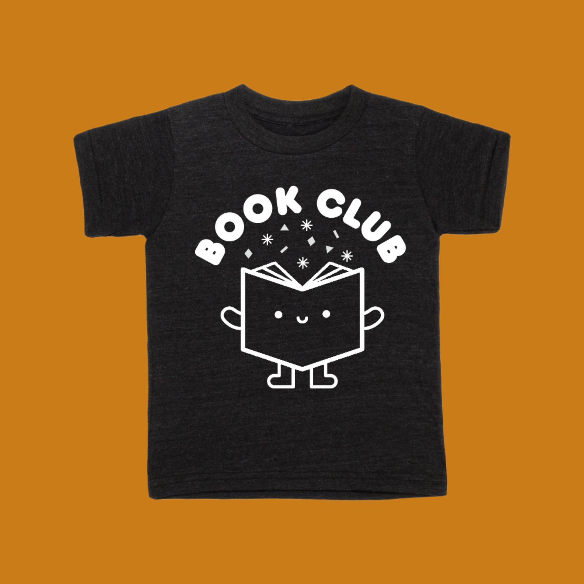 Black t-shirt with 'Book Club' design on a brown background