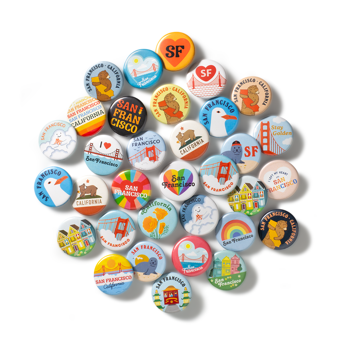 Collection of San Francisco-themed buttons on a white background with
