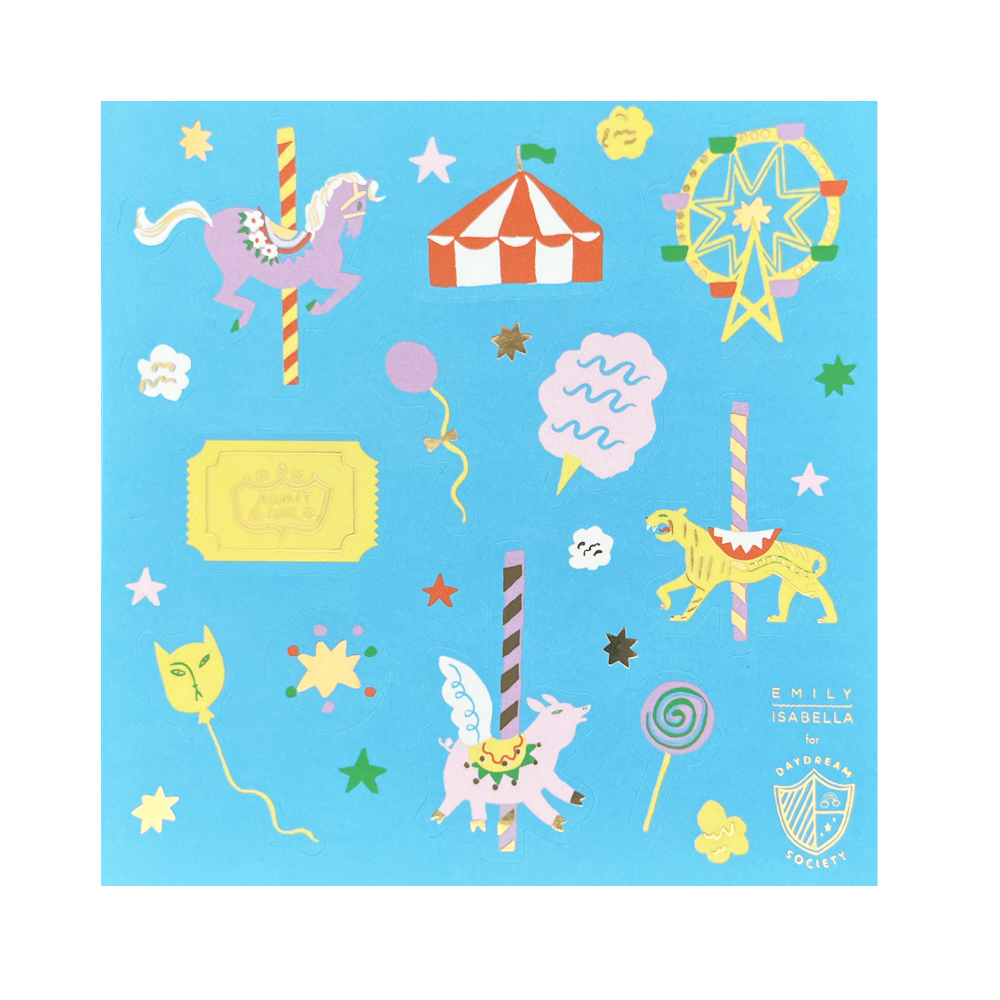 Illustrated notebook cover with carnival-themed graphics on a blue background