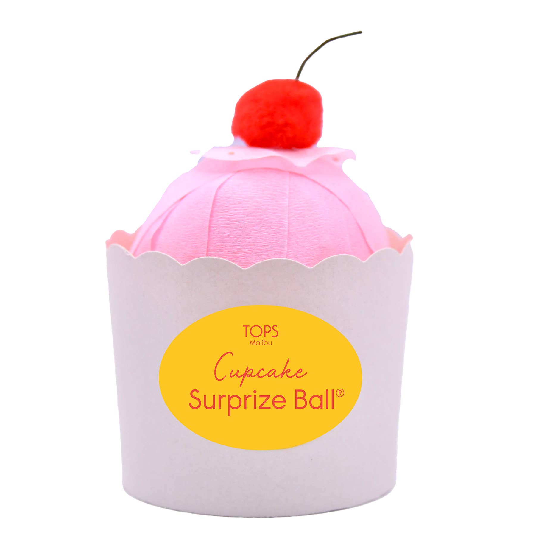 Cupcake-shaped surprise ball with pink top and cherry on a white background, featuring the 'Tops' brand.