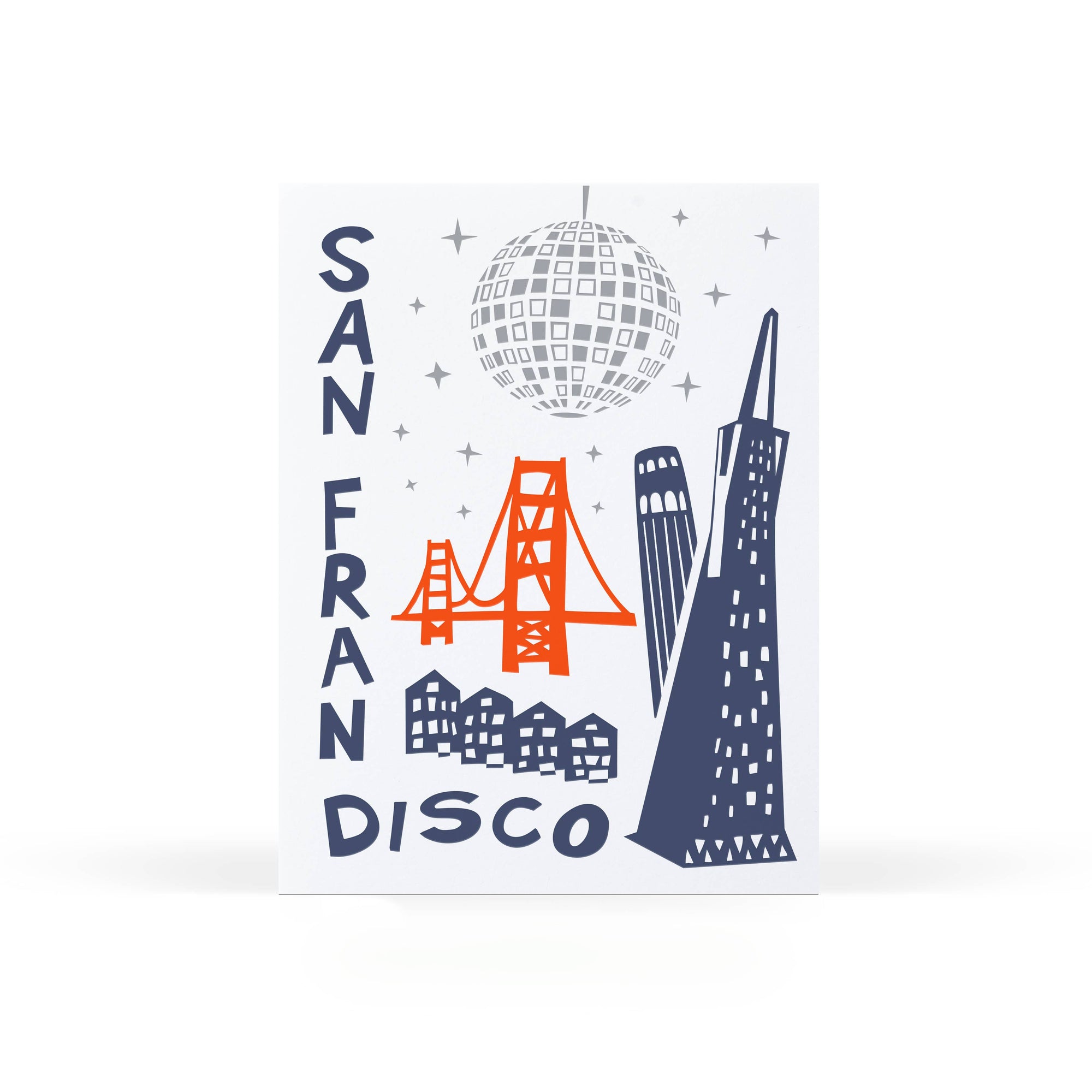 Illustration of San Francisco skyline with disco ball and text on a white background