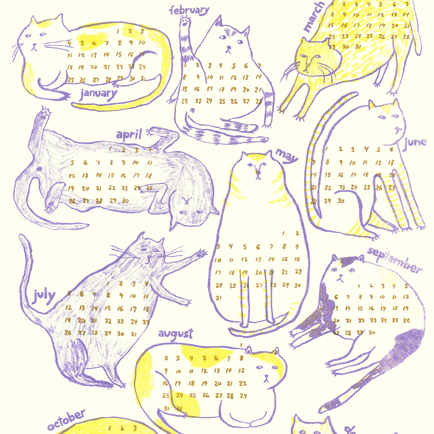 Calendar with cat illustrations for each month on a white background