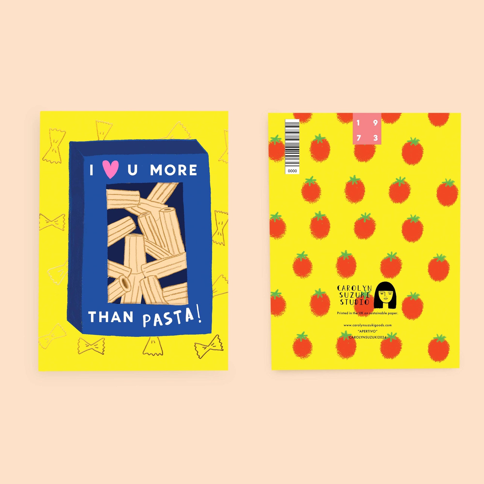Two cards on a yellow background, one with a blue cover and pasta illustration, the other with a red tomato pattern.