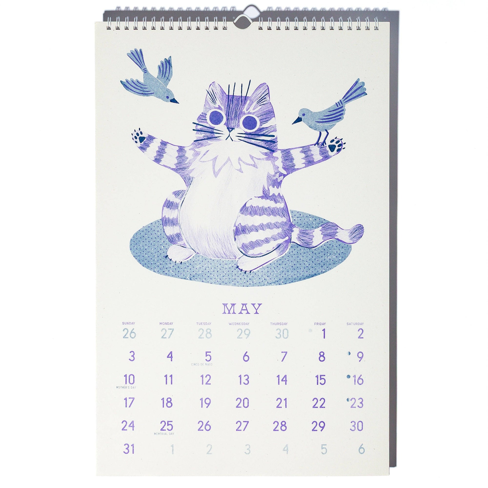 Calendar with a cat illustration and birds on a white background
