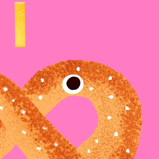 Illustration of a bagel with a heart-shaped hole on a pink background