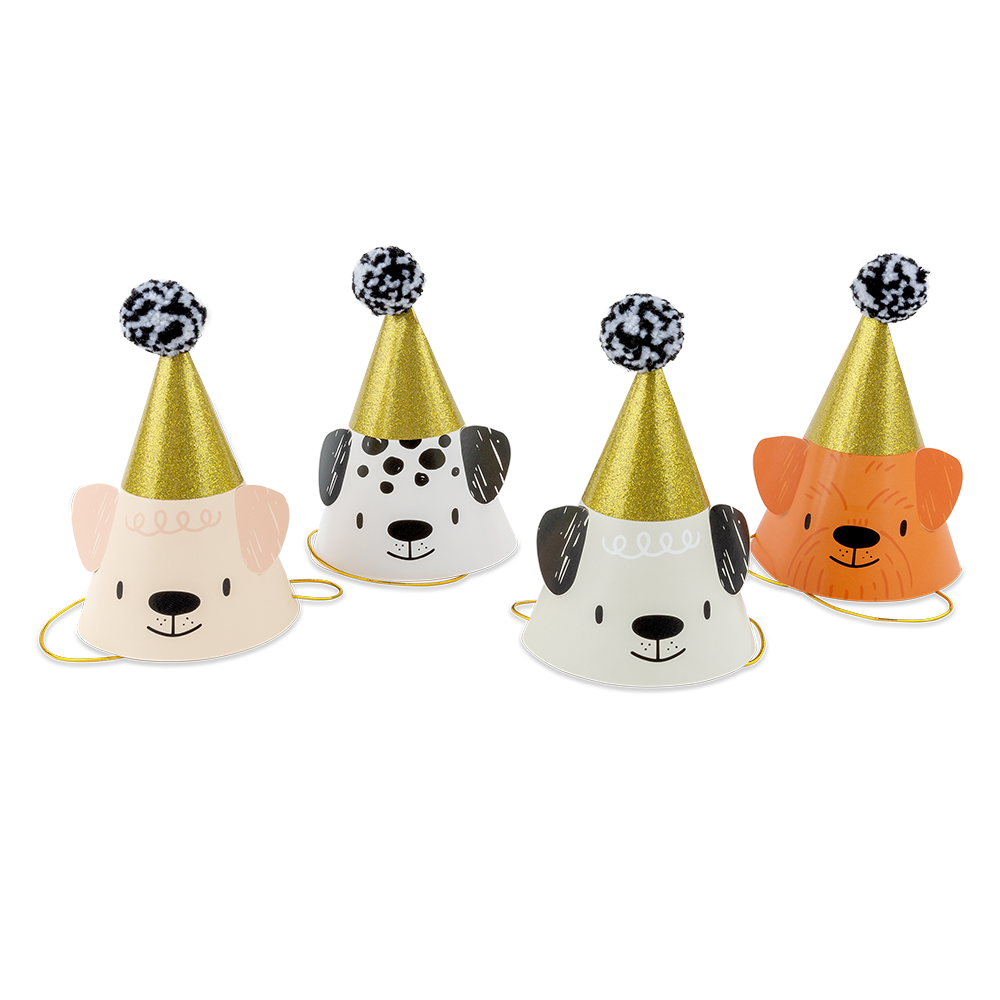 Four animal-themed party hats with gold and black accents on a white background