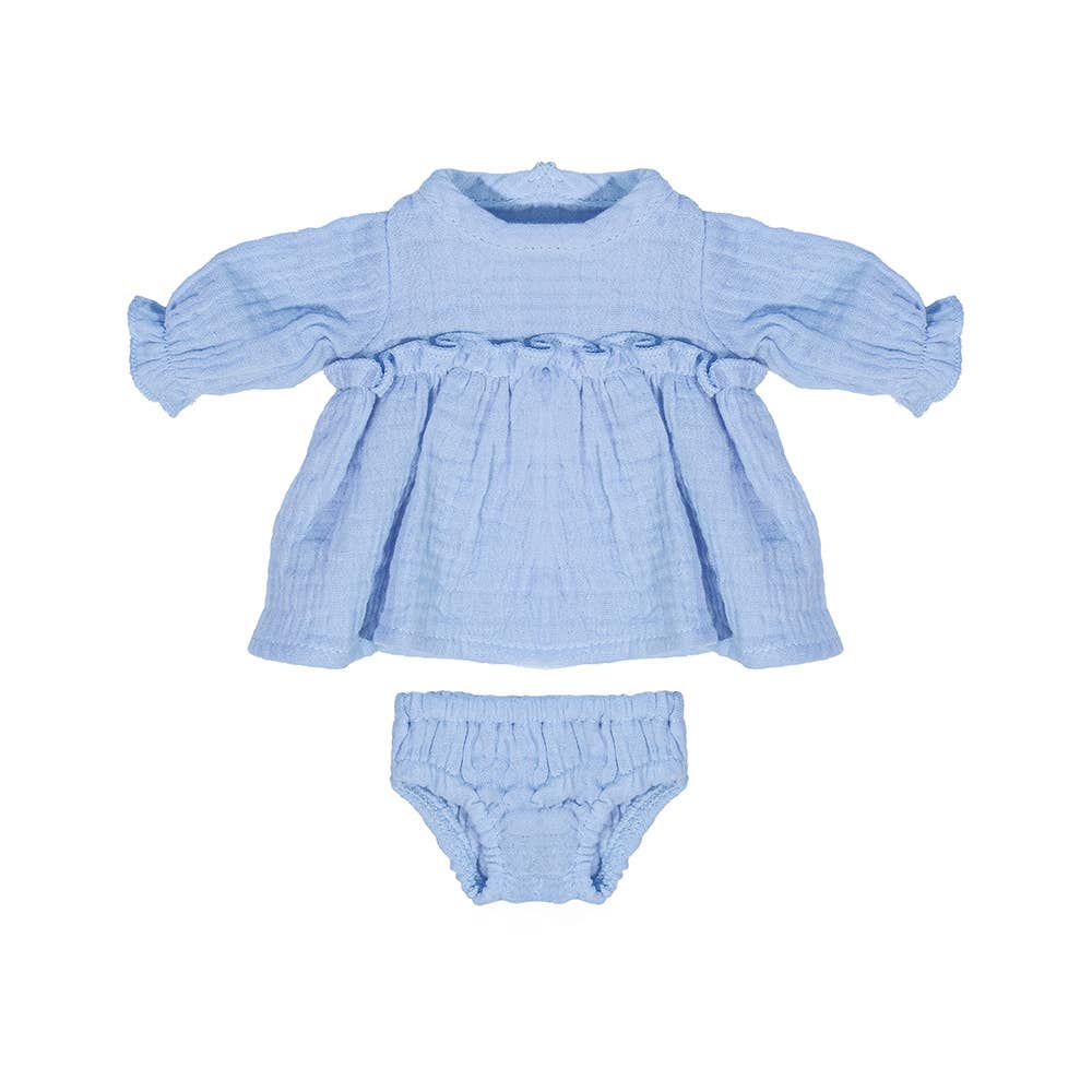 Light blue doll's dress with matching bloomers on a white background