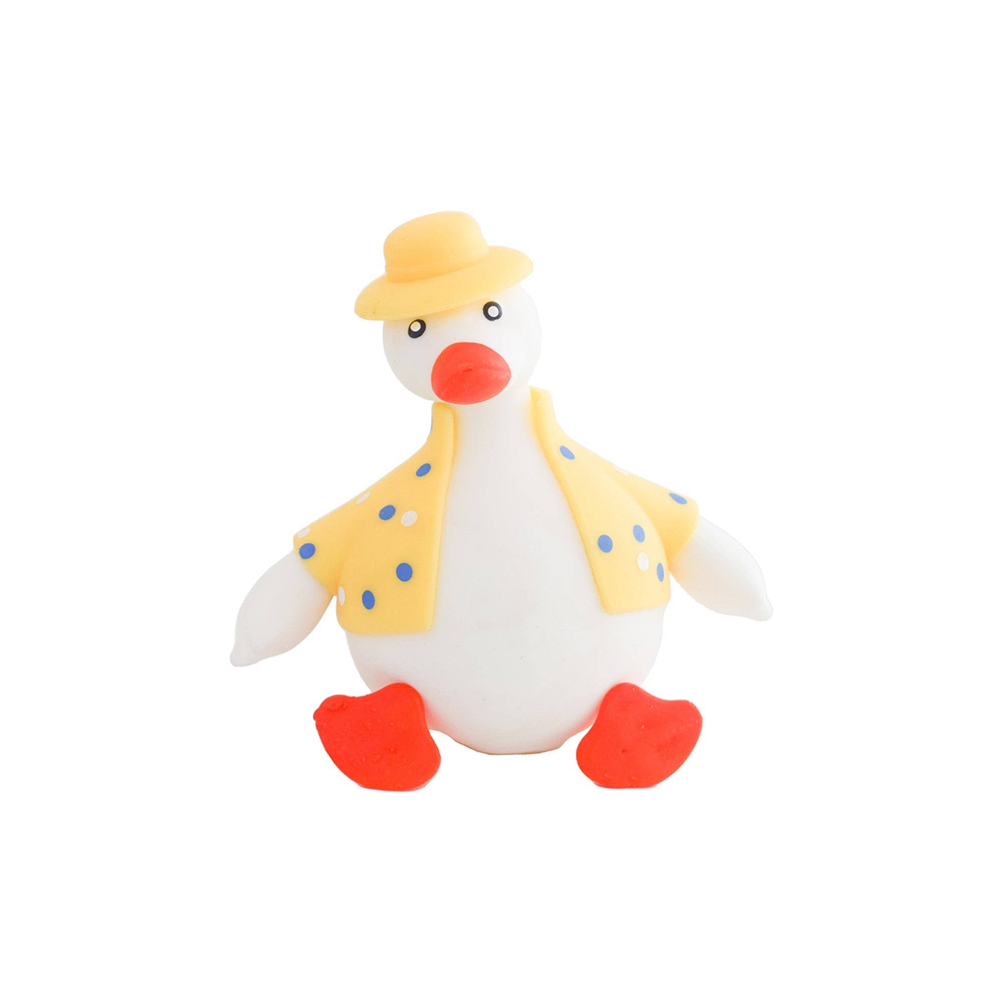 Toy duck with a yellow hat and polka dot shirt on a white background