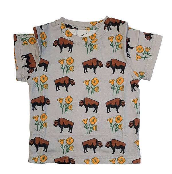 Children's t-shirt with bison and flower pattern on a white background