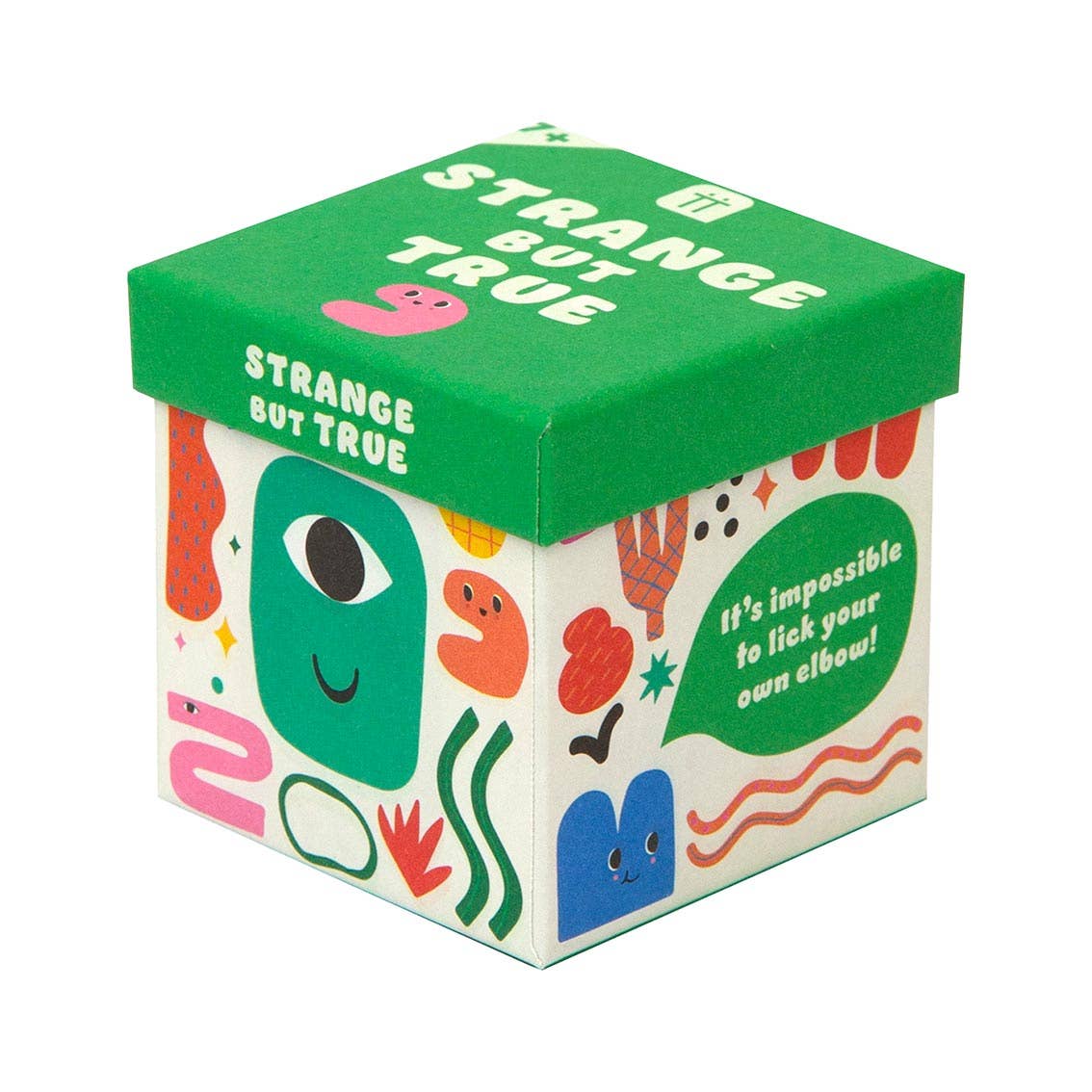 Colorful box with cartoon designs and text on a white background