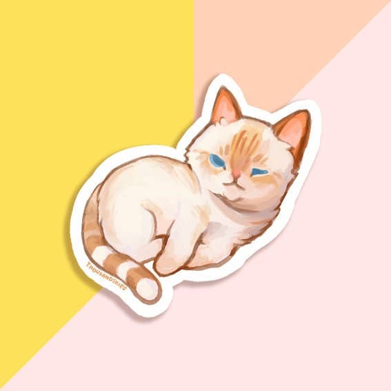 Sticker of a cat on a two-tone yellow and pink background