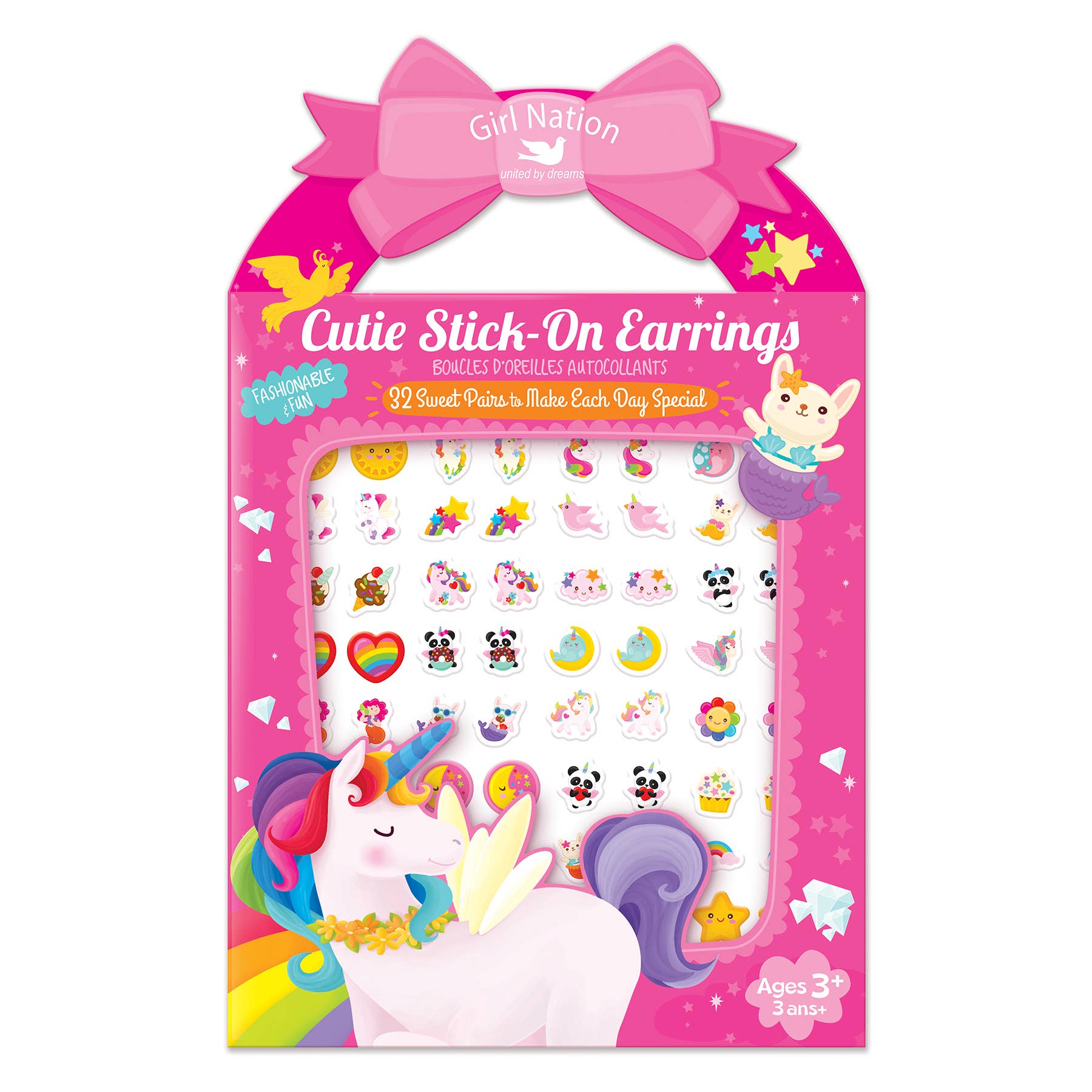 Pack of cutie stick-on earrings with a pink bow and colorful design on a white background