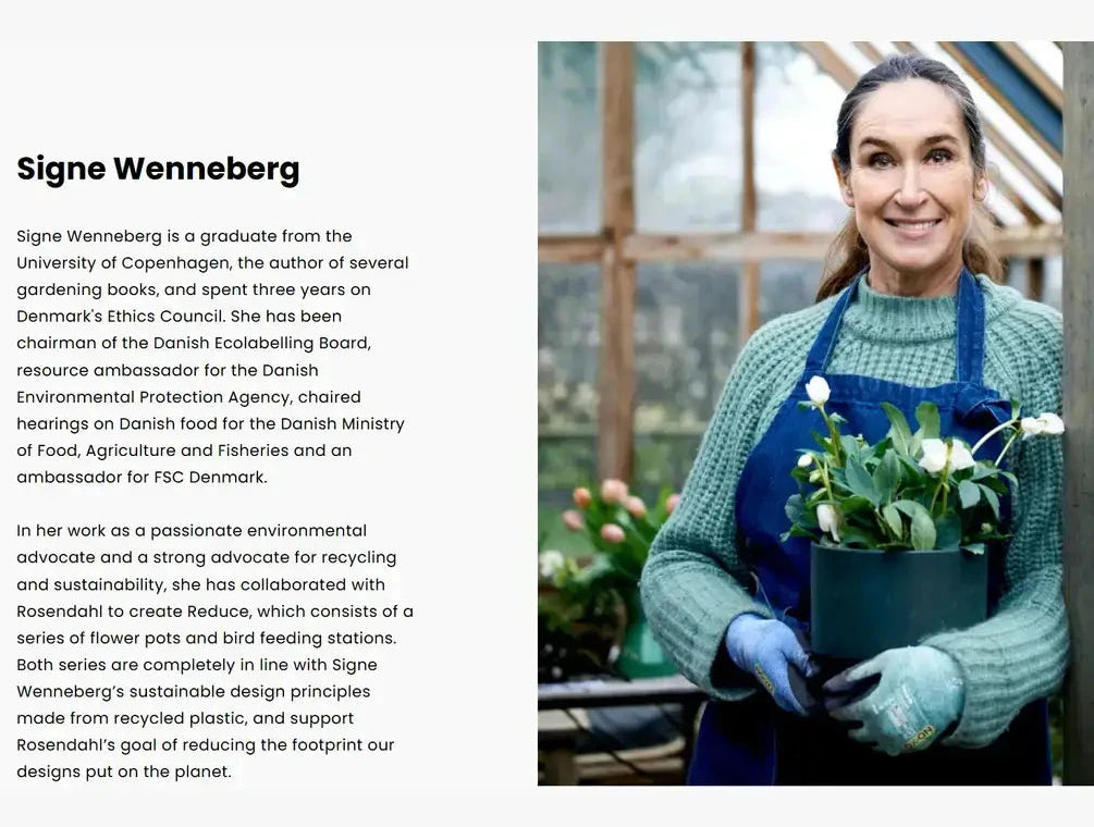 Woman holding a pot of flowers in a greenhouse with text about Signe Wennerberg.