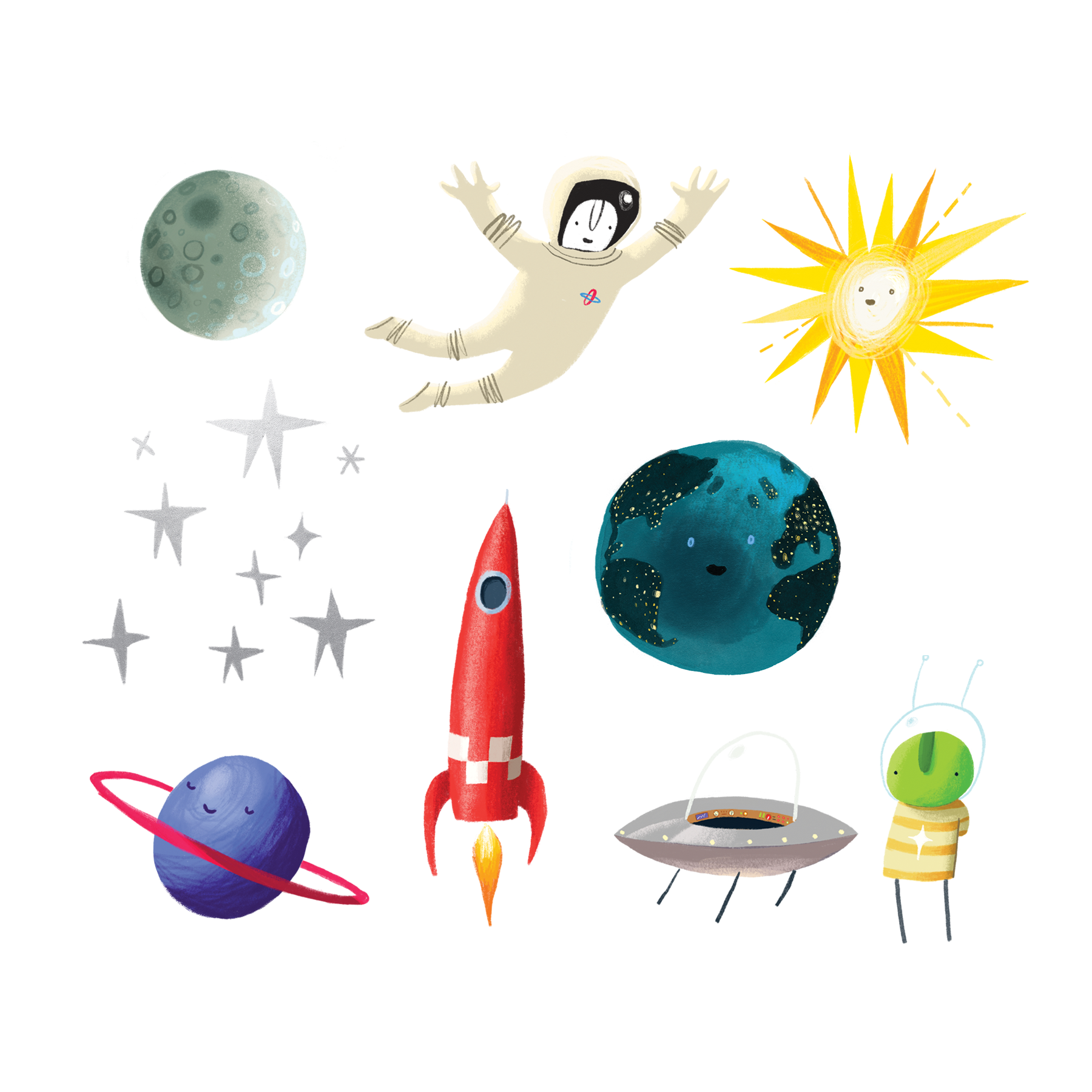 Illustrations of space-themed objects including planets, a rocket, and a UFO on a white background.