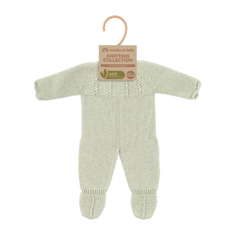 Knitted doll romper on a hanger with 'Miniland Dolls' label