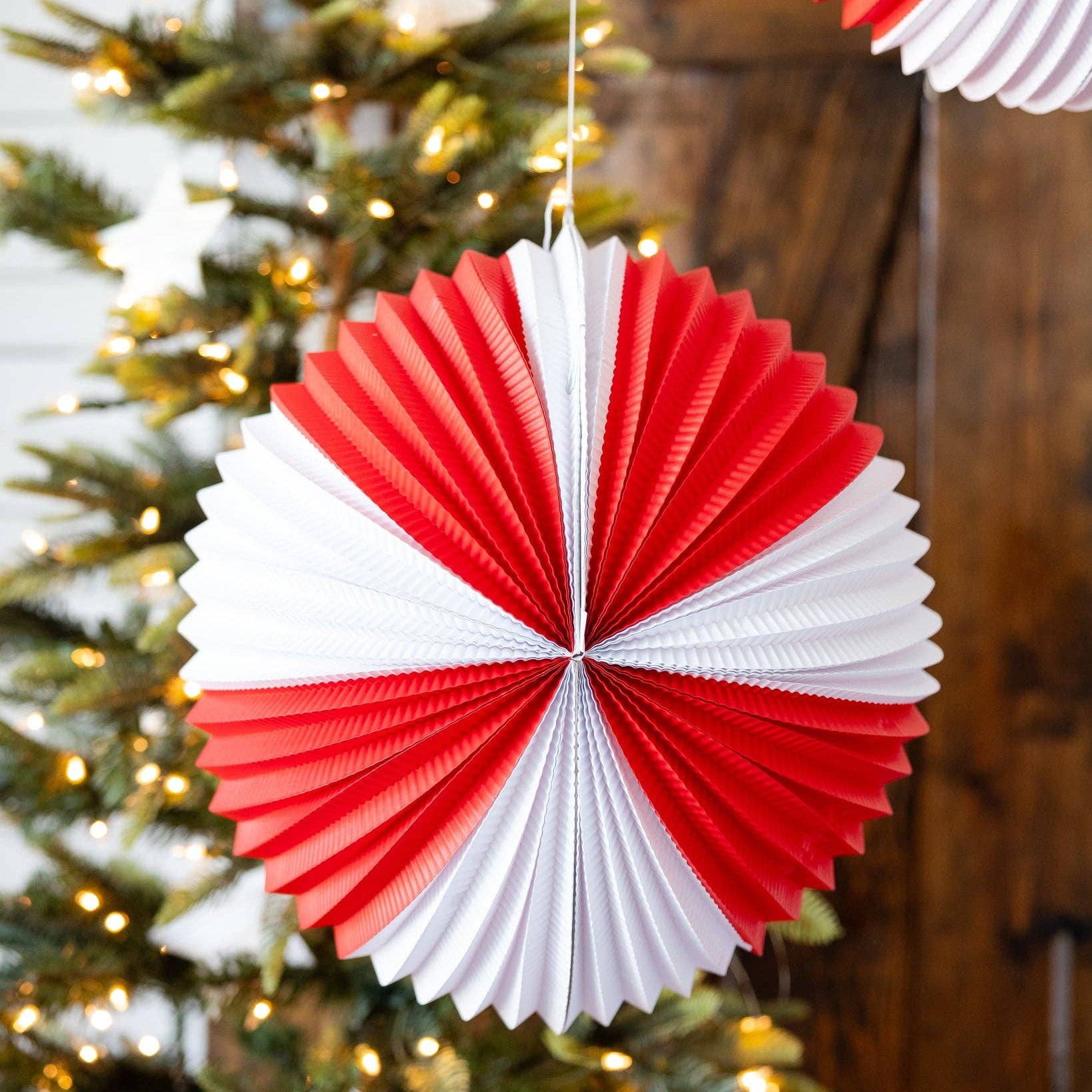 Red and white paper fan decorations hanging against a Christmas tree.