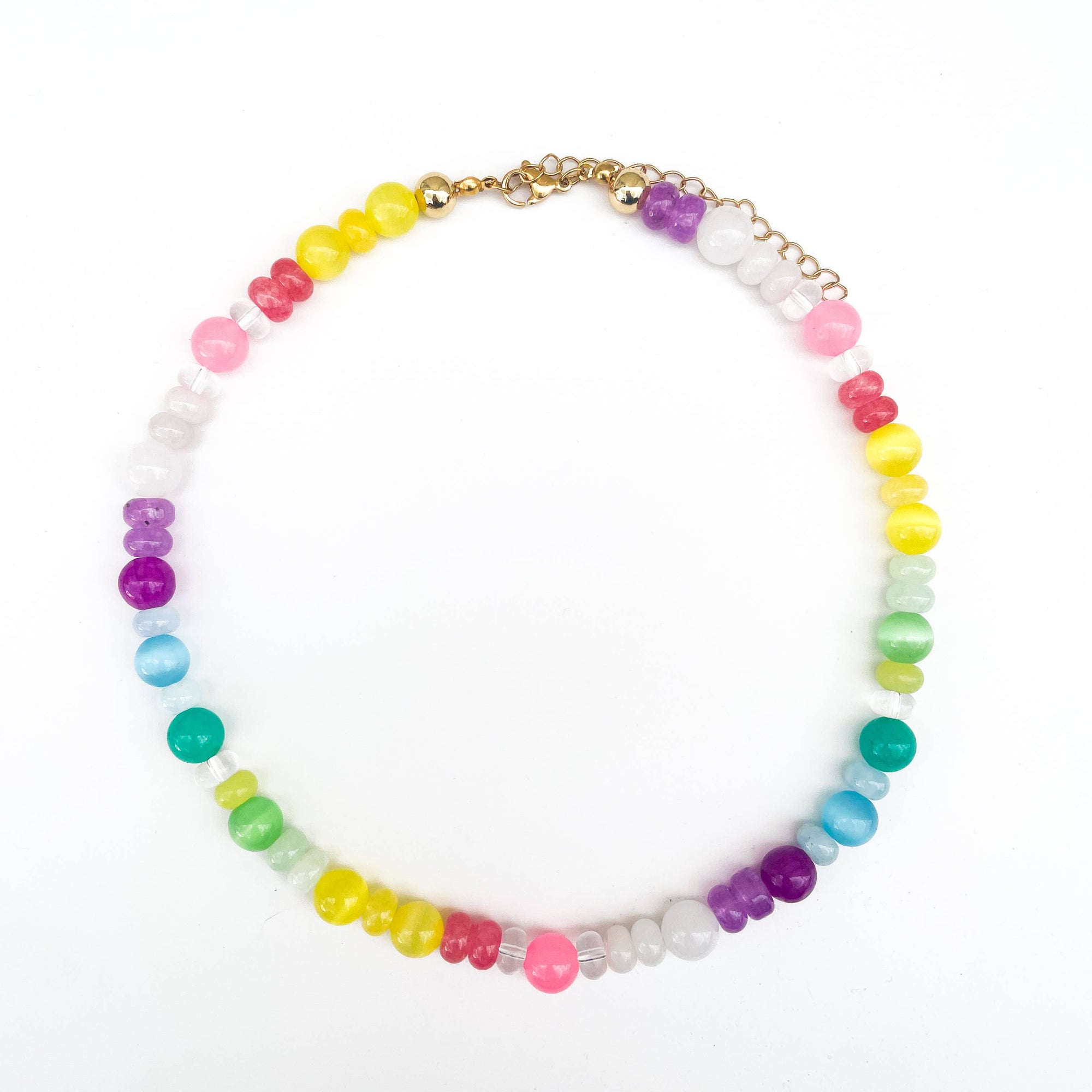 Colorful beaded necklace on a white background