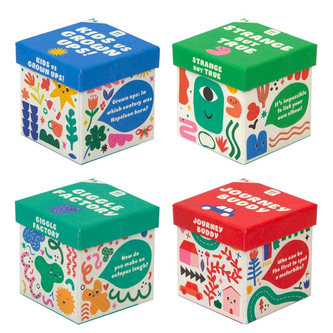 Four colorful boxes with various designs and text on a white background