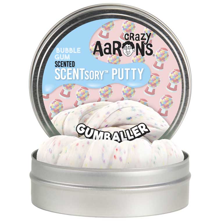 Crazy Aaron's Scented Scentsory Putty in a tin with bubble gum scented label.