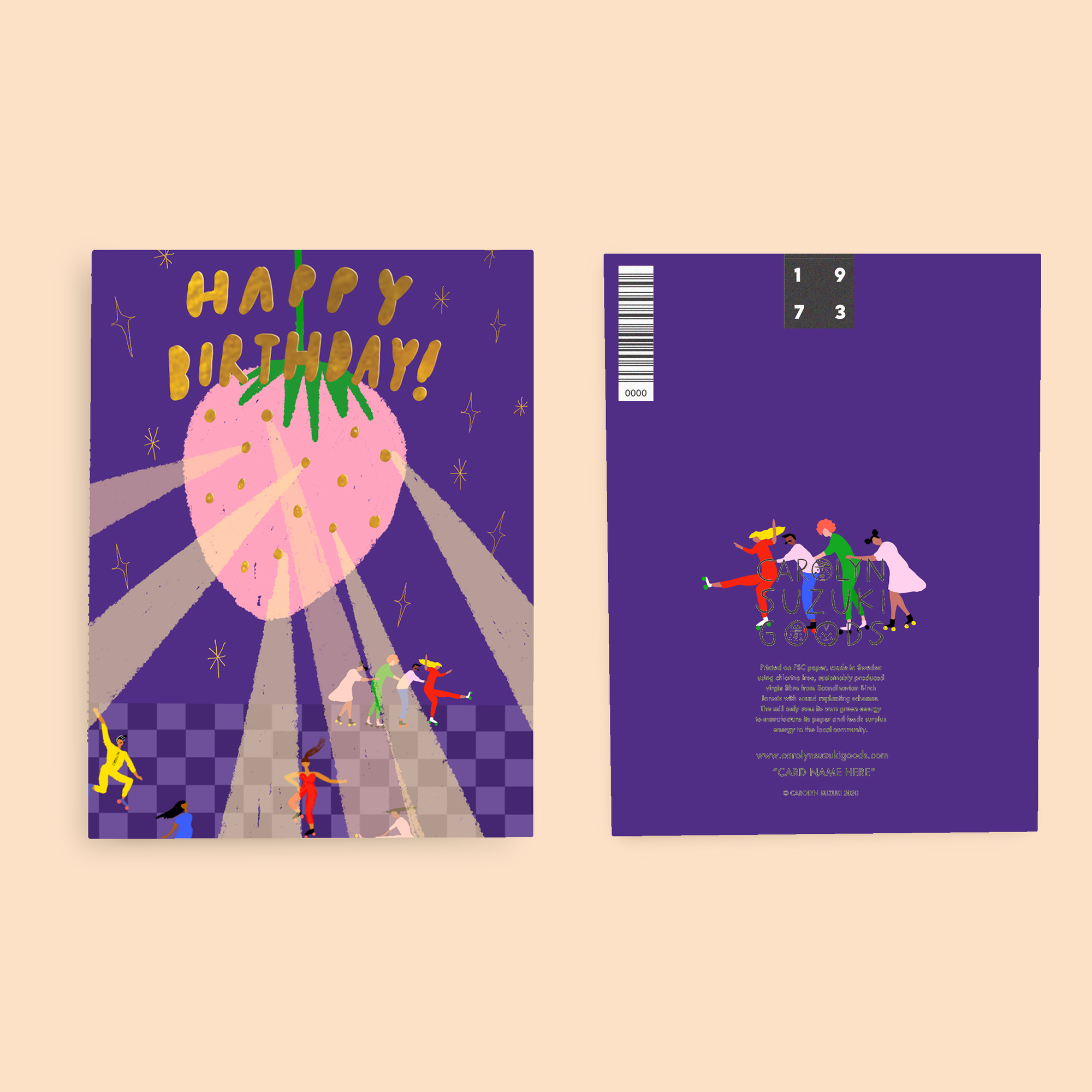Birthday card with strawberry illustration and people around, on a purple background