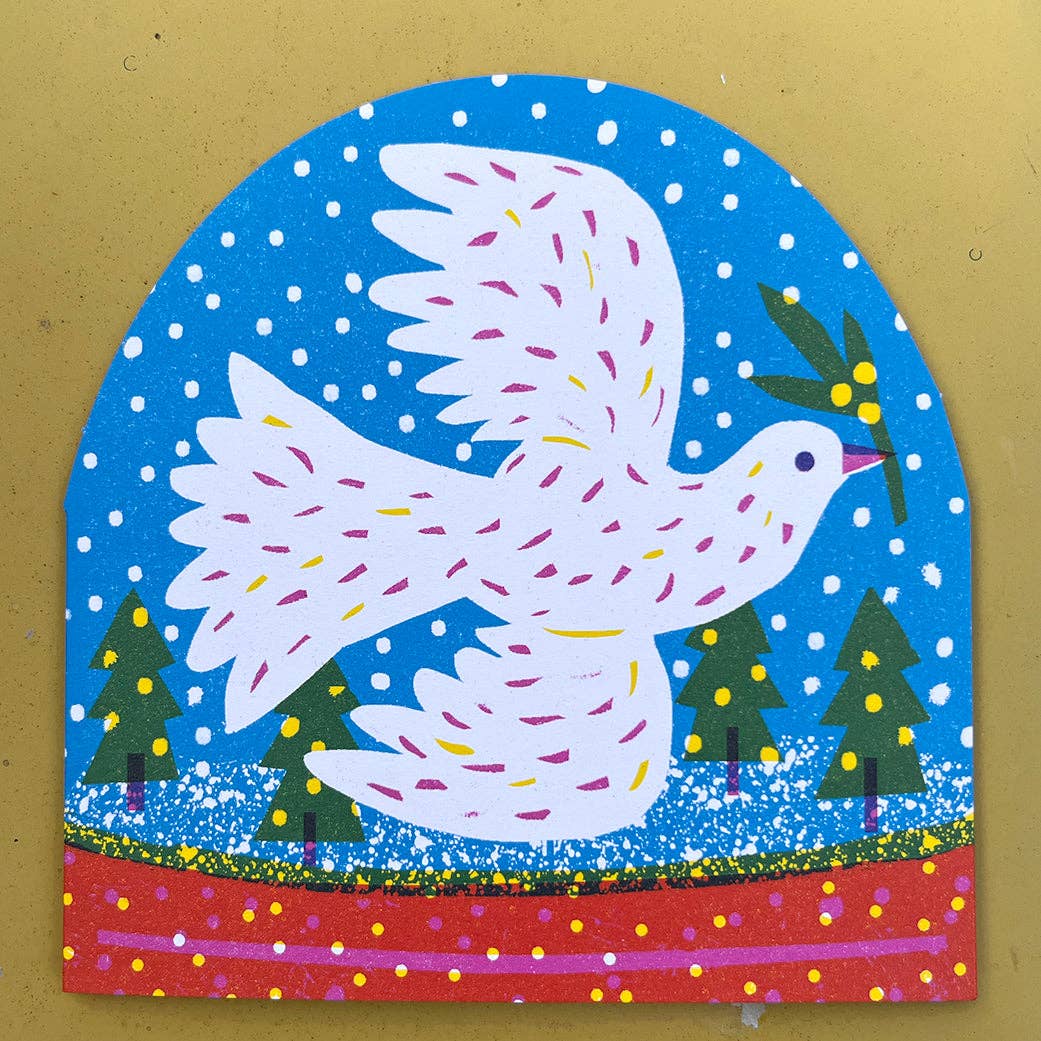 Decorative card with a white dove holding an olive branch against a blue snowy background.