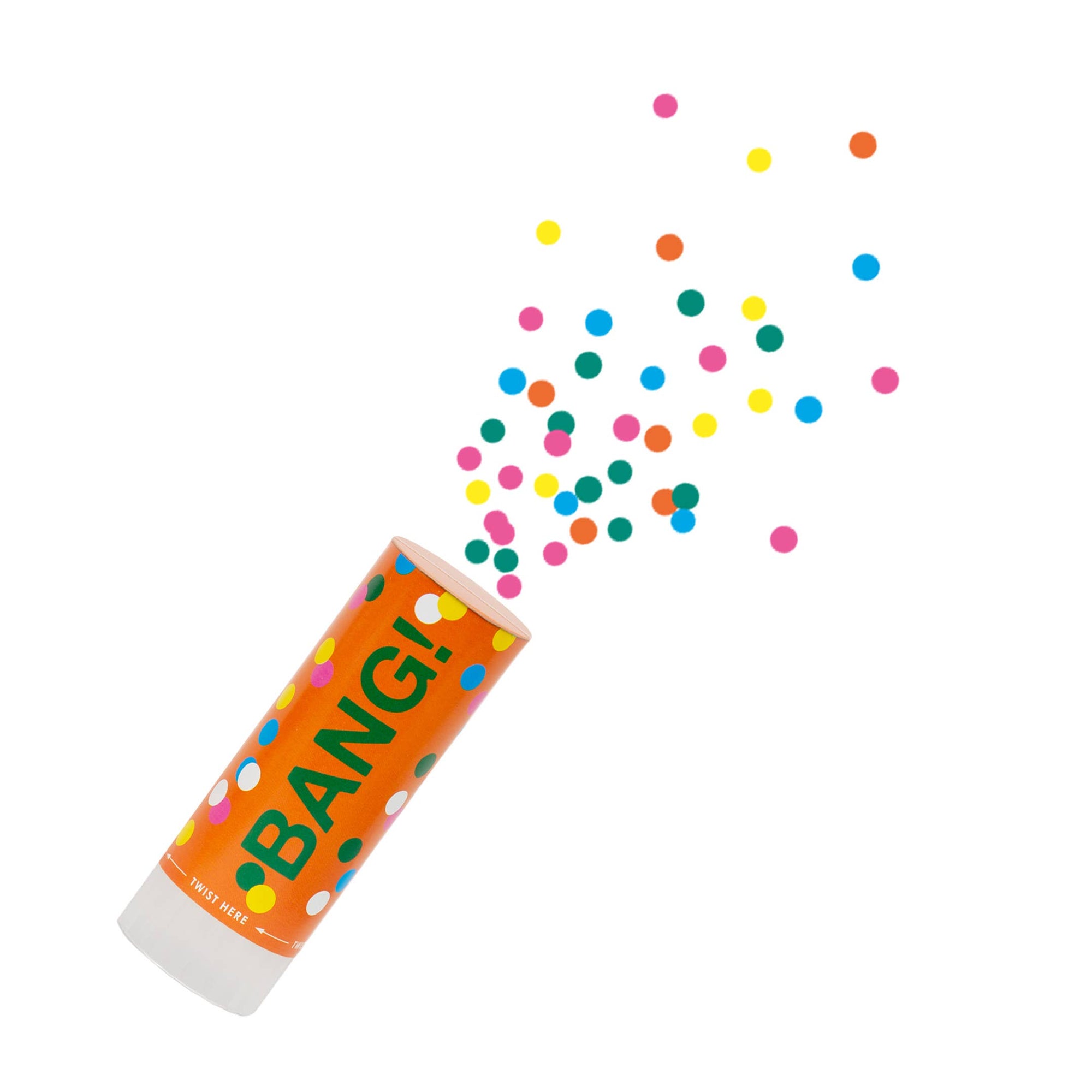 Orange confetti cannon labeled 'BANG!' with colorful confetti on a white background