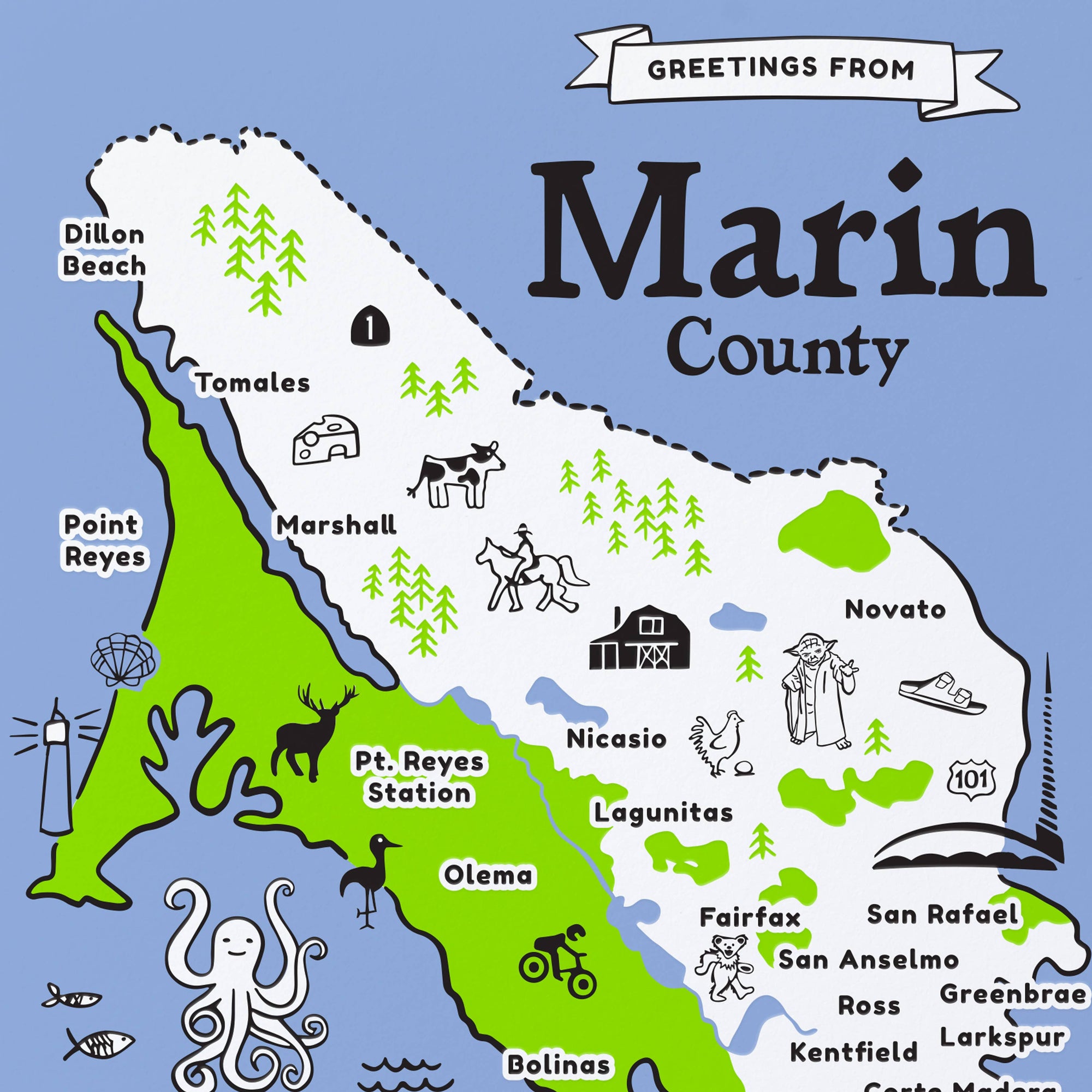 Map of Marin County with illustrations and text on a blue background