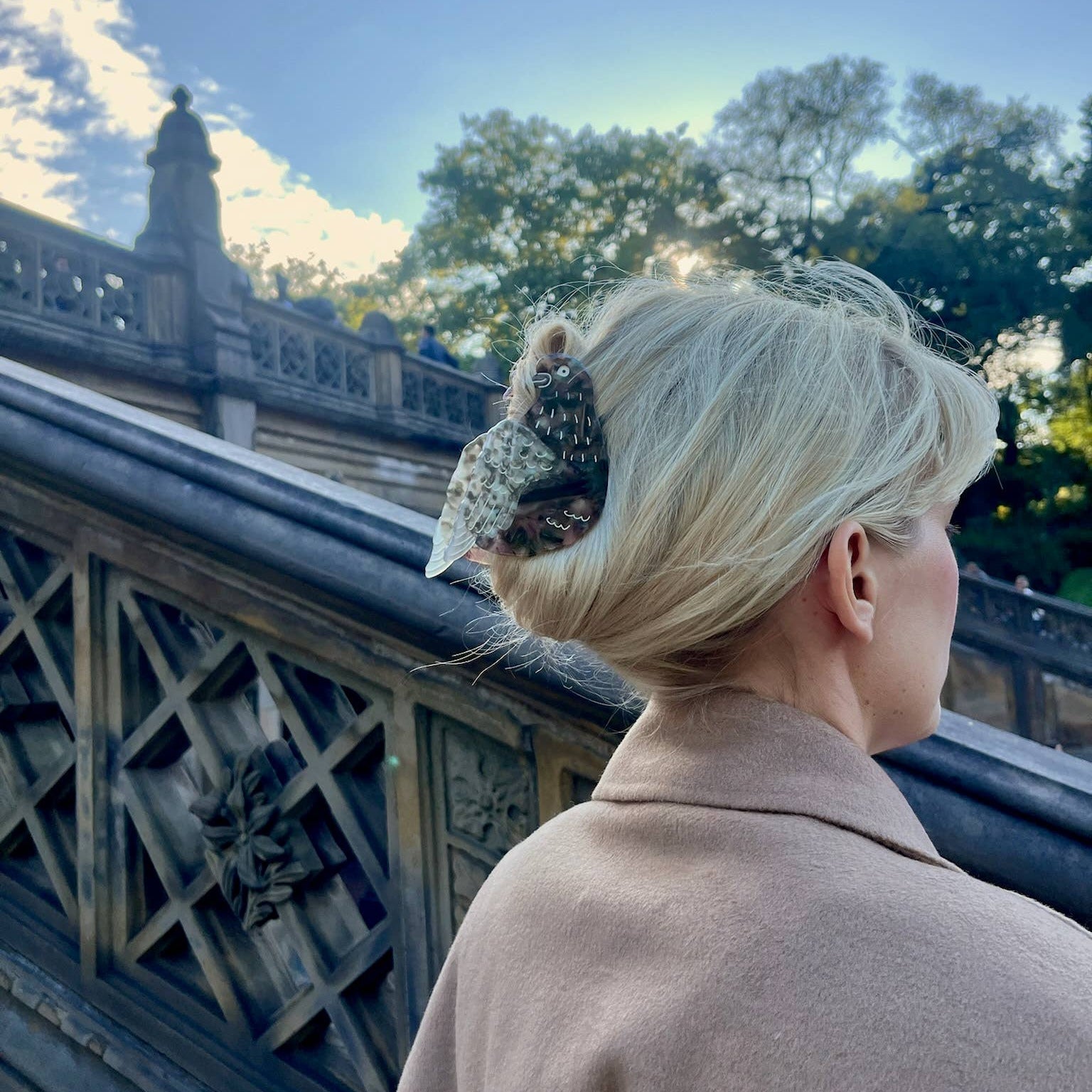 Person with a decorative hair clip standing in an outdoor setting with trees and a blue sky.