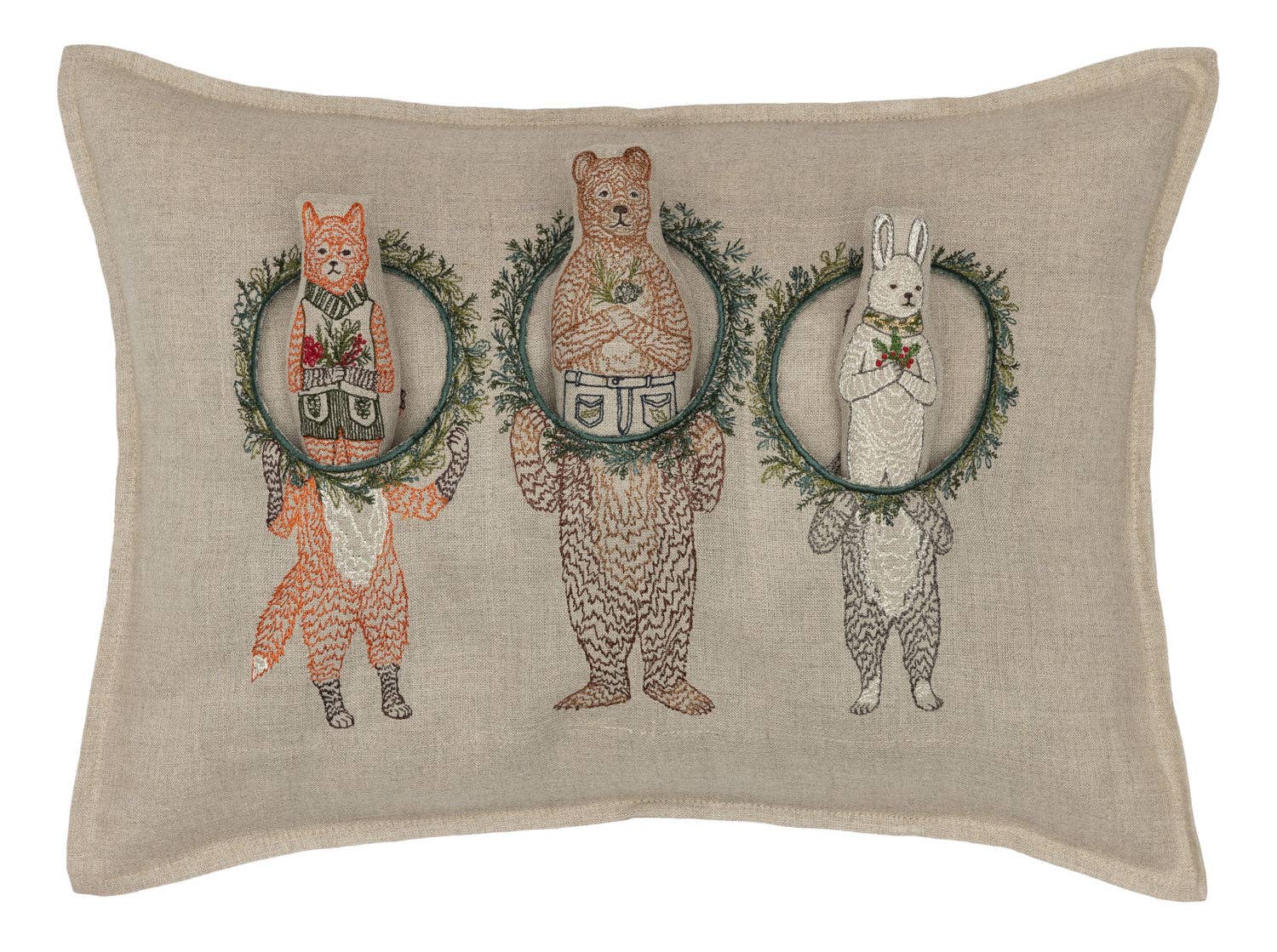 Decorative pillow with embroidered animals in wreaths on a beige background