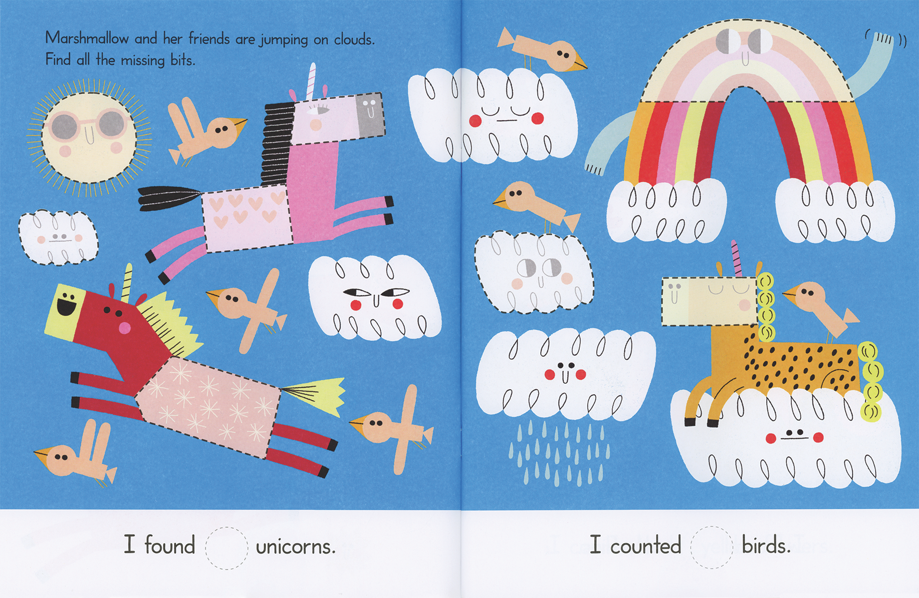 Illustrated book page with cartoon animals on clouds and counting activities.