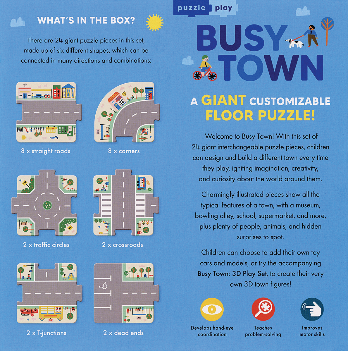 Promotional image of Busy Town customizable floor puzzle set with illustrations and text.