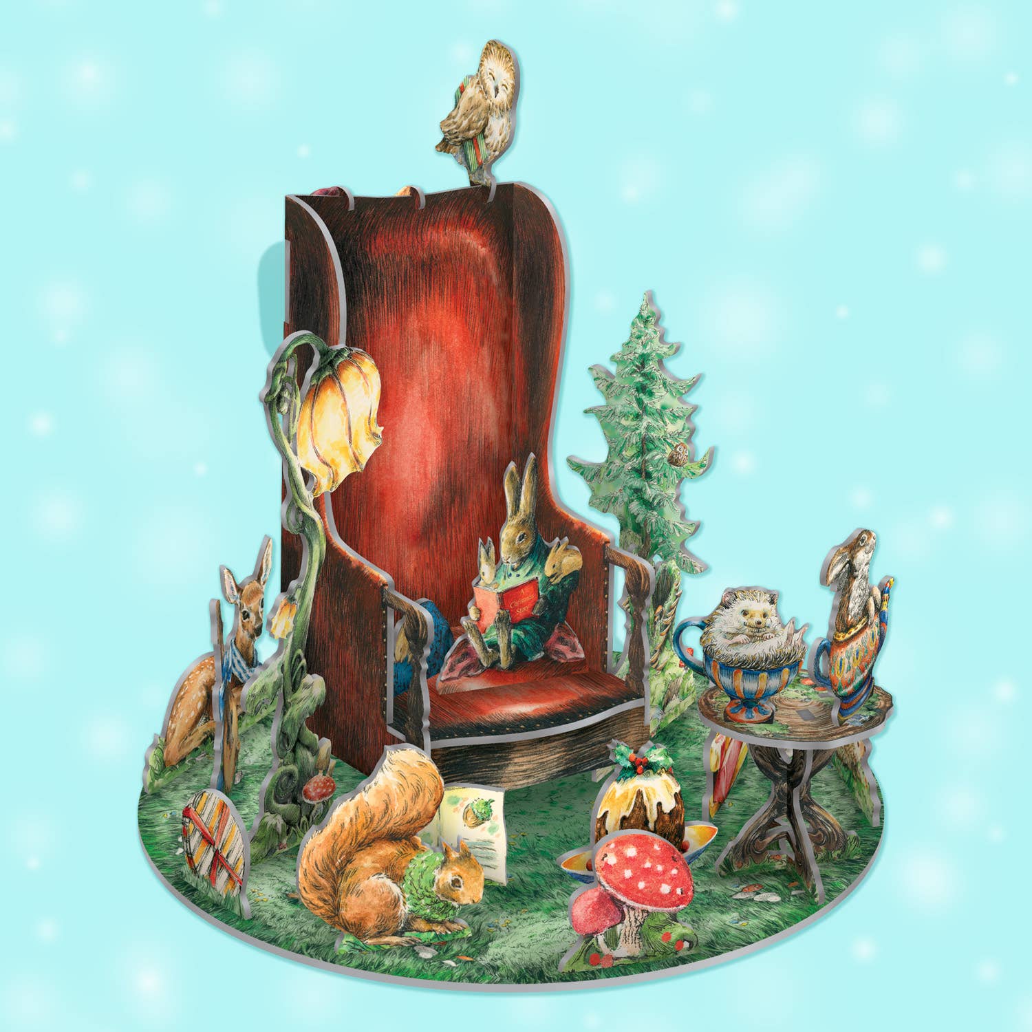Fairy tale scene with a red chair, animals, and a table on a blue background