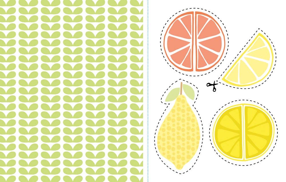 Sticker set with citrus fruits on a patterned background