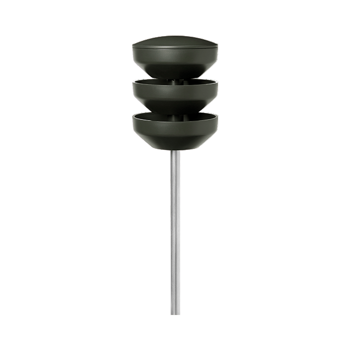 Three-tiered black bird feeder on a white background