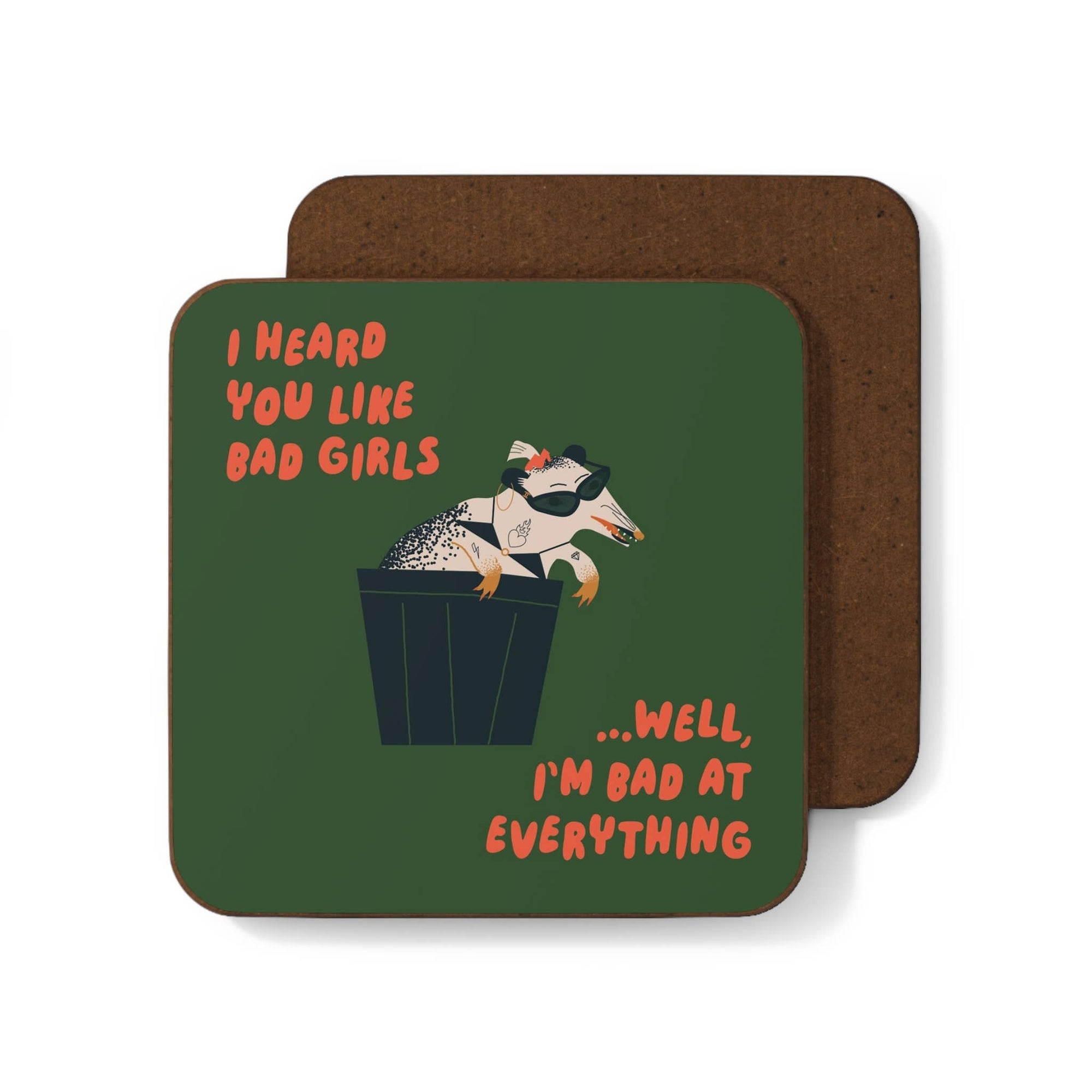 Coaster with badger illustration and humorous text on a green background