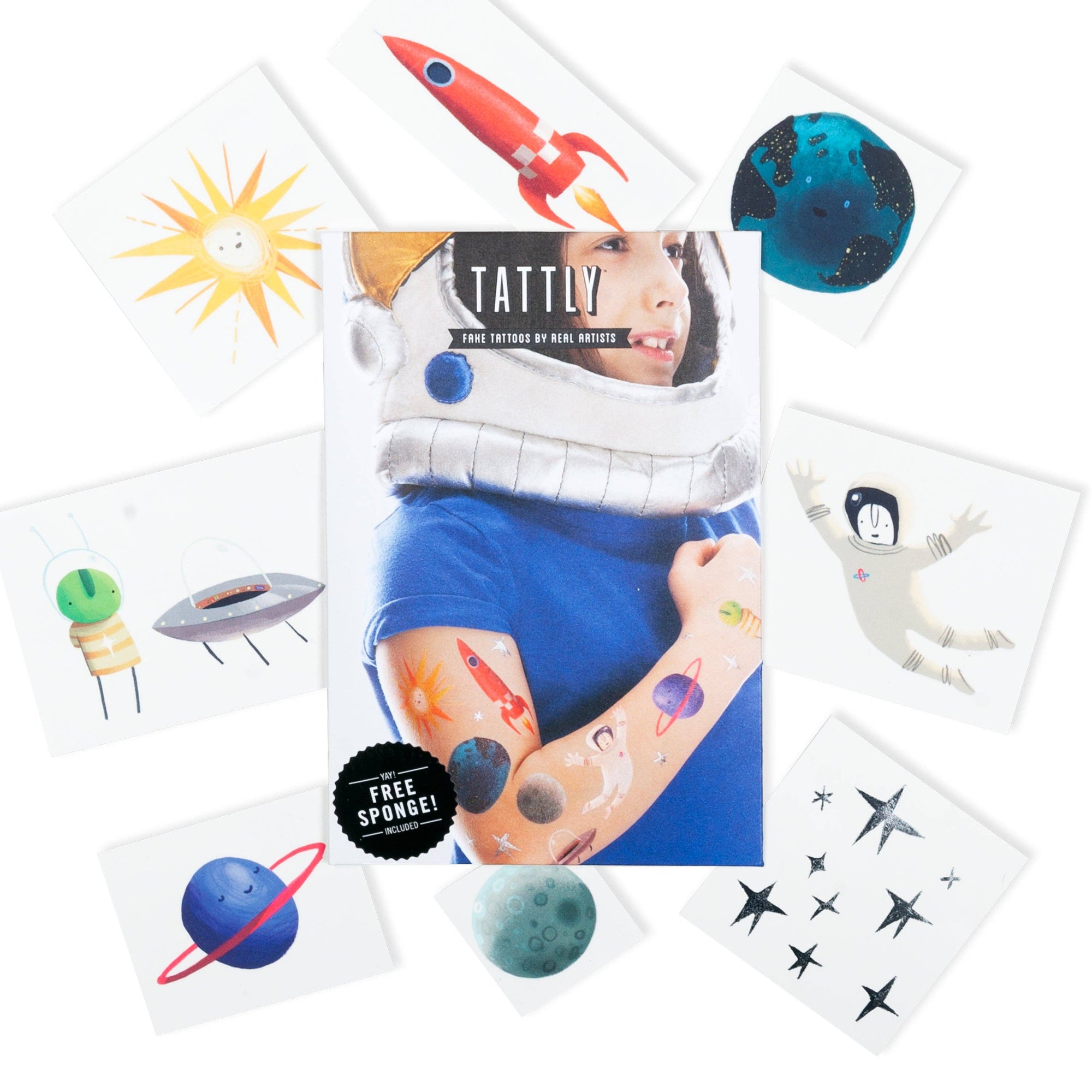 Collection of space-themed temporary tattoos with a display card featuring a child in an astronaut suit.