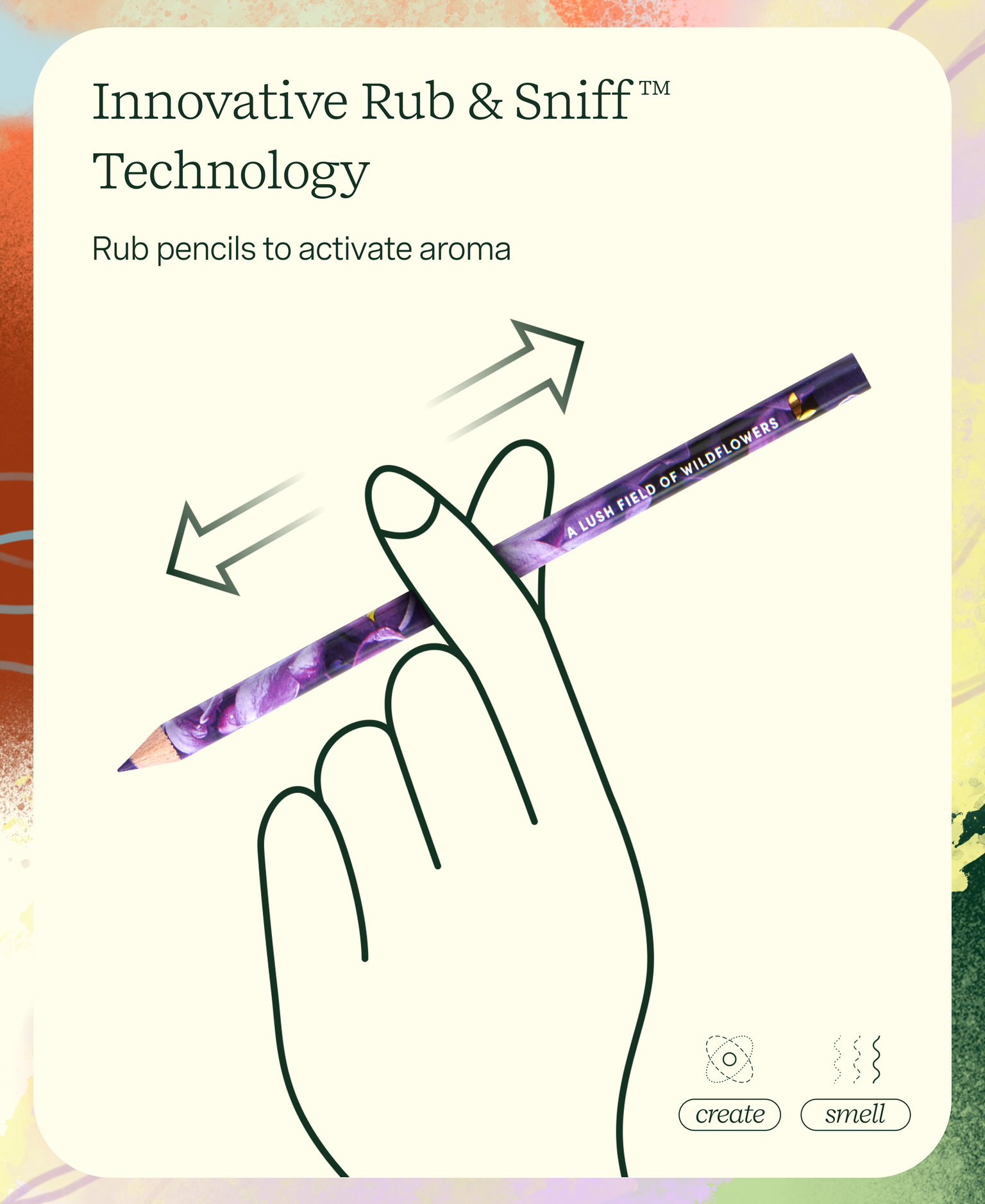 Product packaging with a purple pencil and text about 'Innovative Rub & Sniff Technology'.