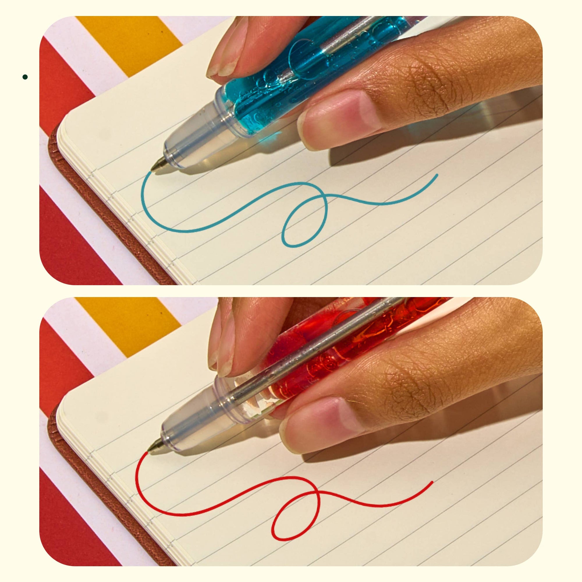 Two images showing a hand writing with blue and red pens on lined paper.