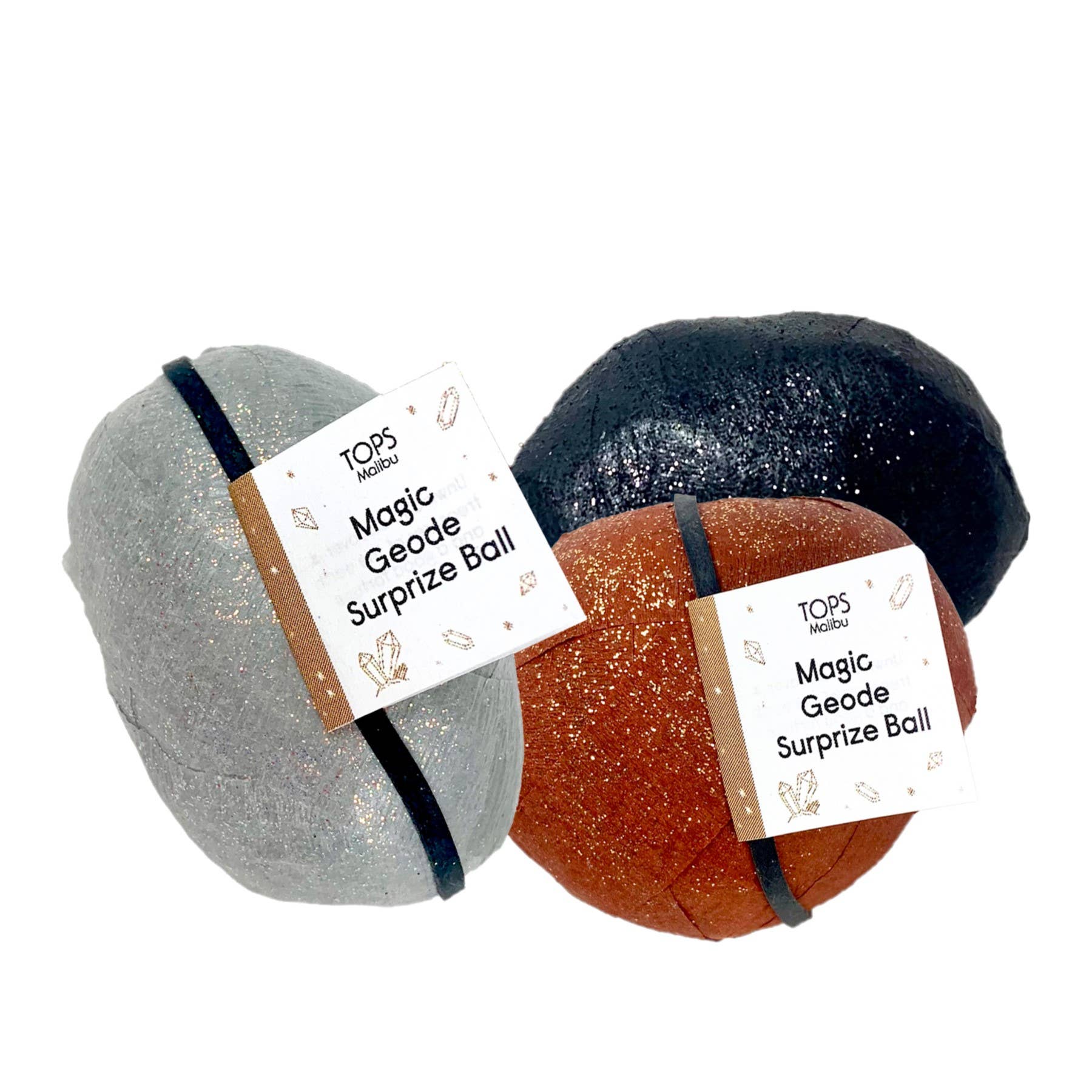 Three Magic Geode Surprise Balls with labels on a white background