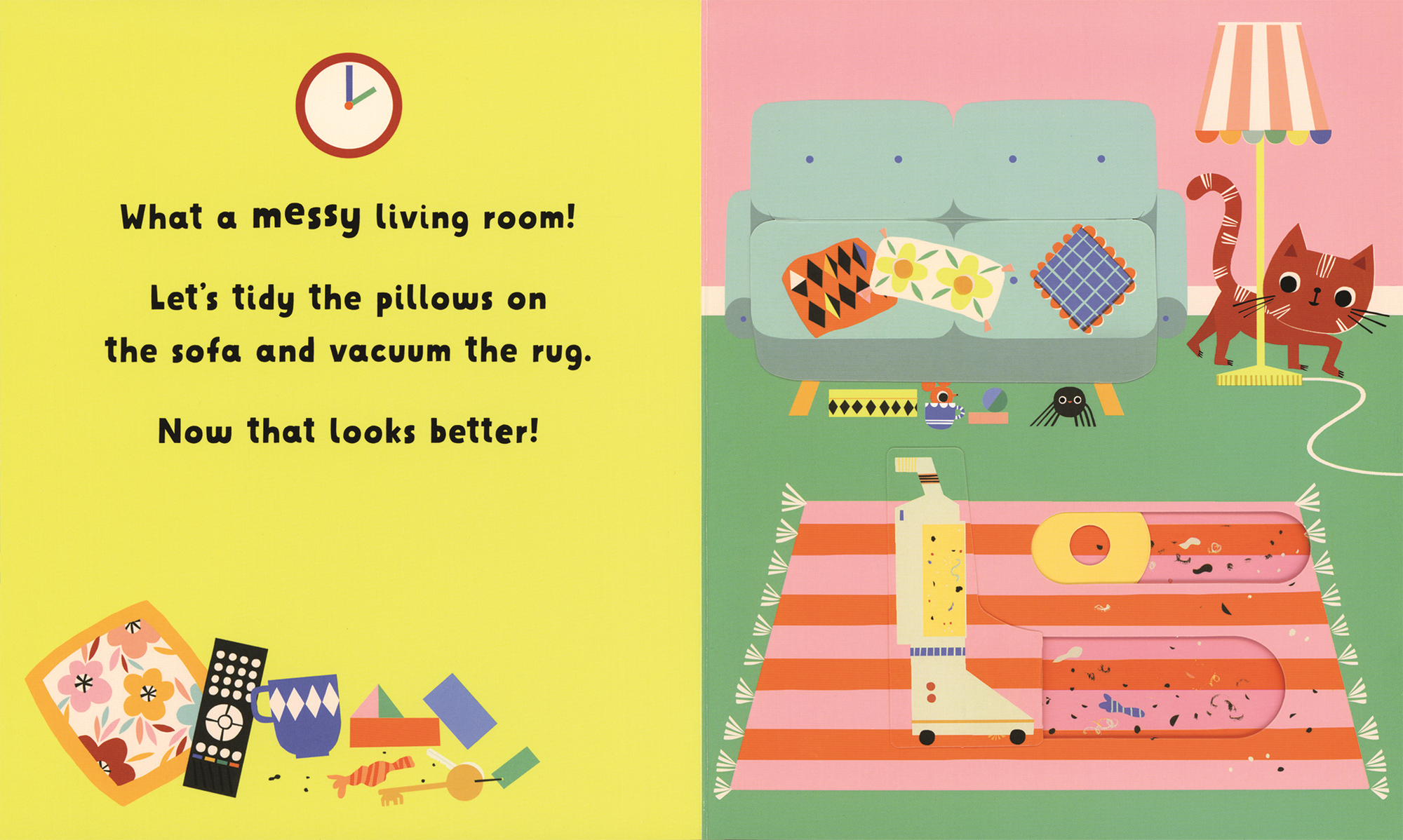 Illustrated book page showing a messy living room with text and cleaning activities.