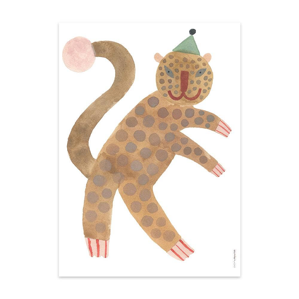 Illustration of a polka-dotted lion with a green hat on a white background