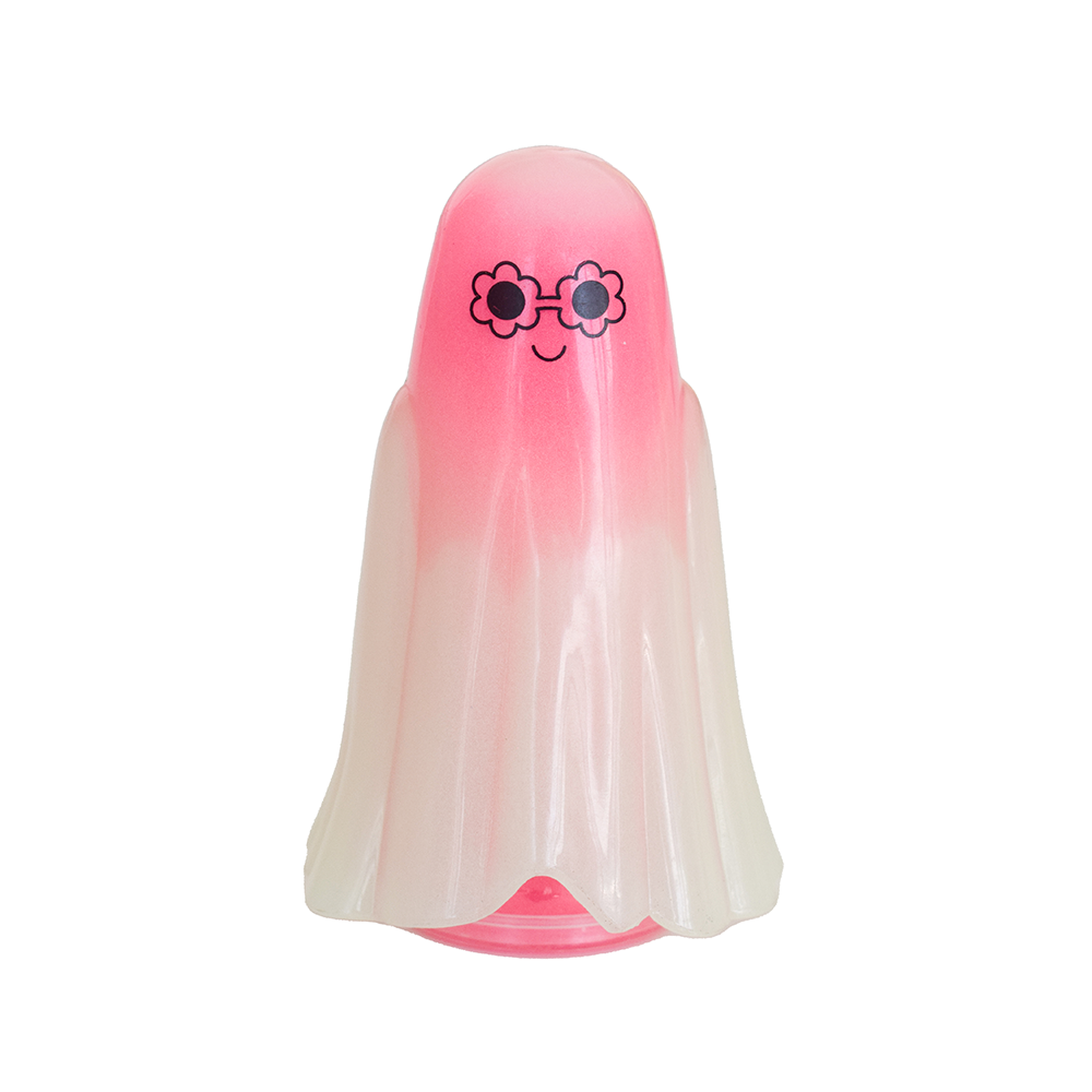 Pink ghost toy with a flower face design on a white background