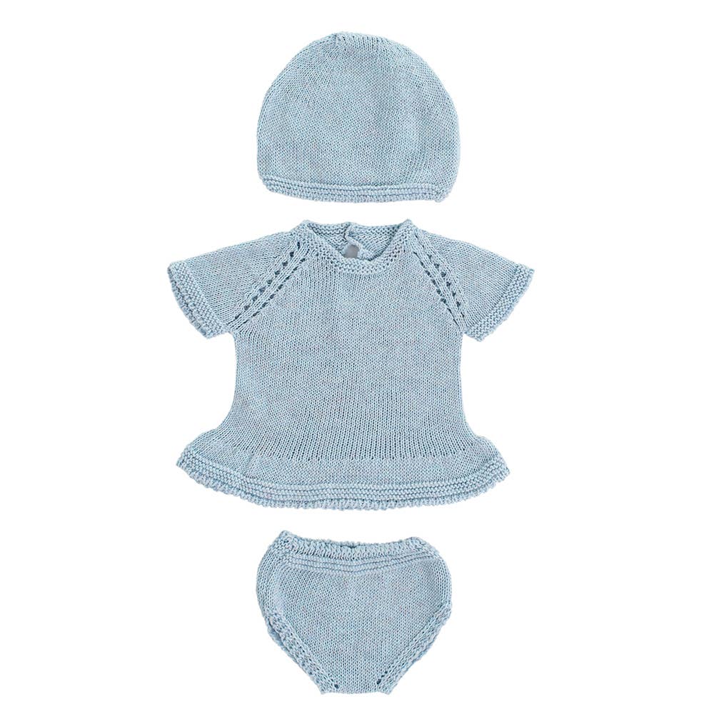 Blue knitted doll outfit with top, hat, and bloomers on a white background