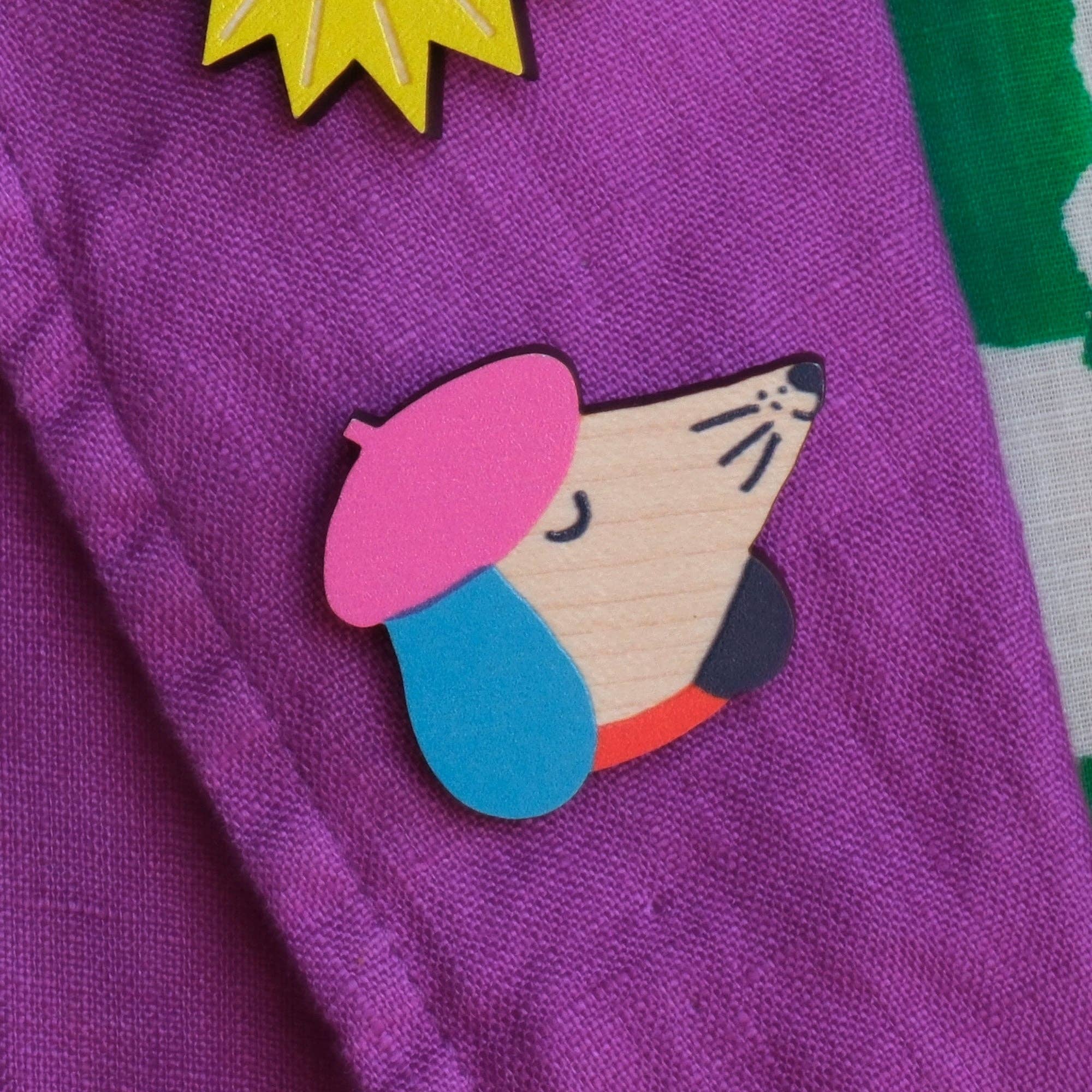 Dog Printed Wooden Pin Badge