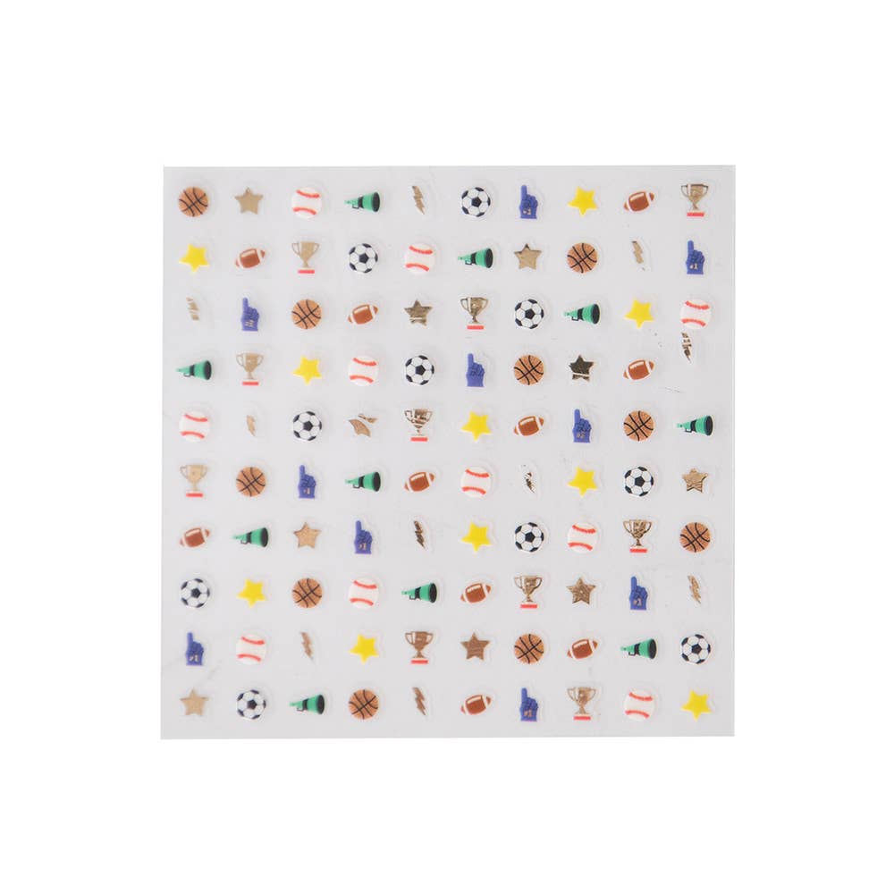 Sheet of sports-themed stickers with various icons on a white background