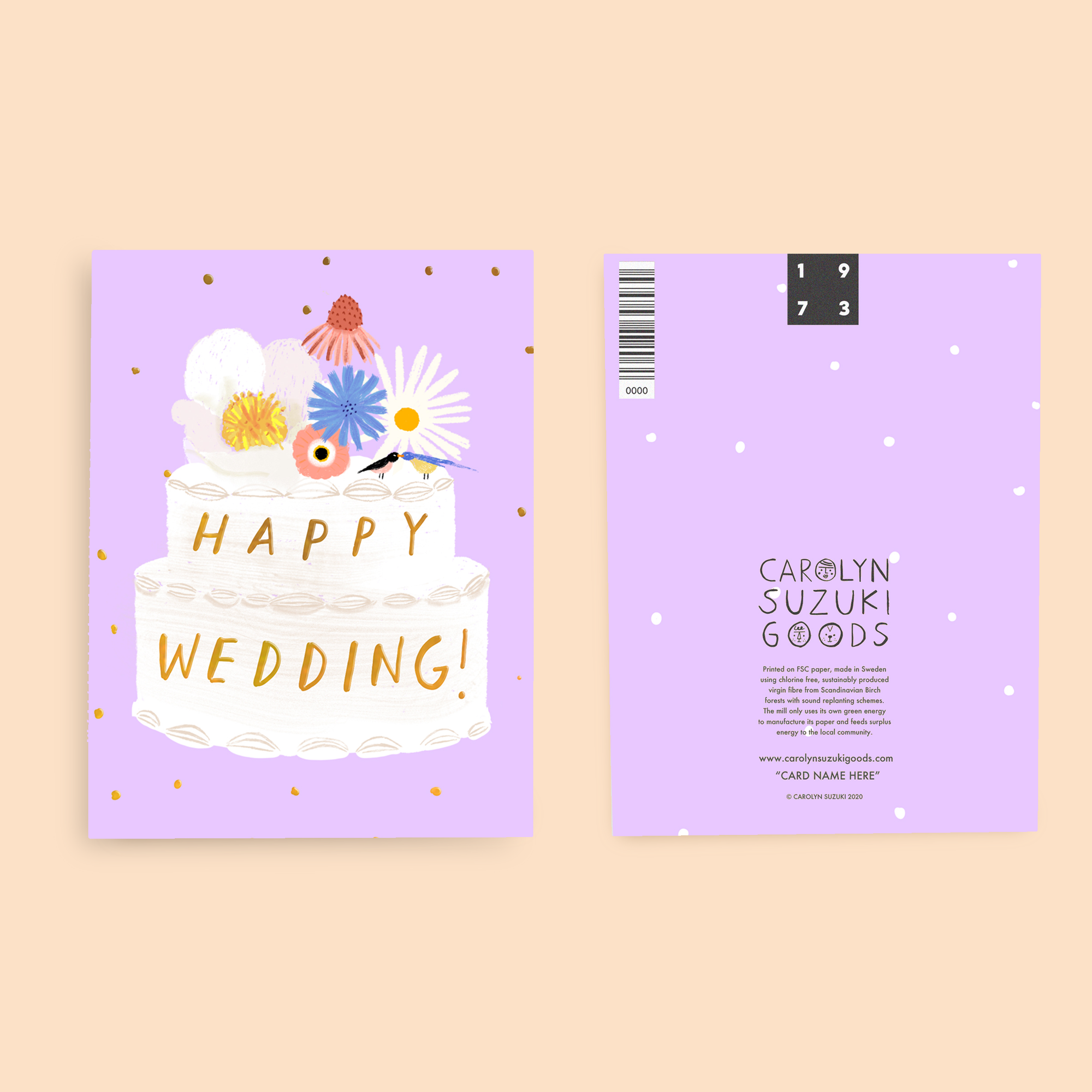 Wedding card with cake illustration and 'Happy Wedding!' text on a purple background