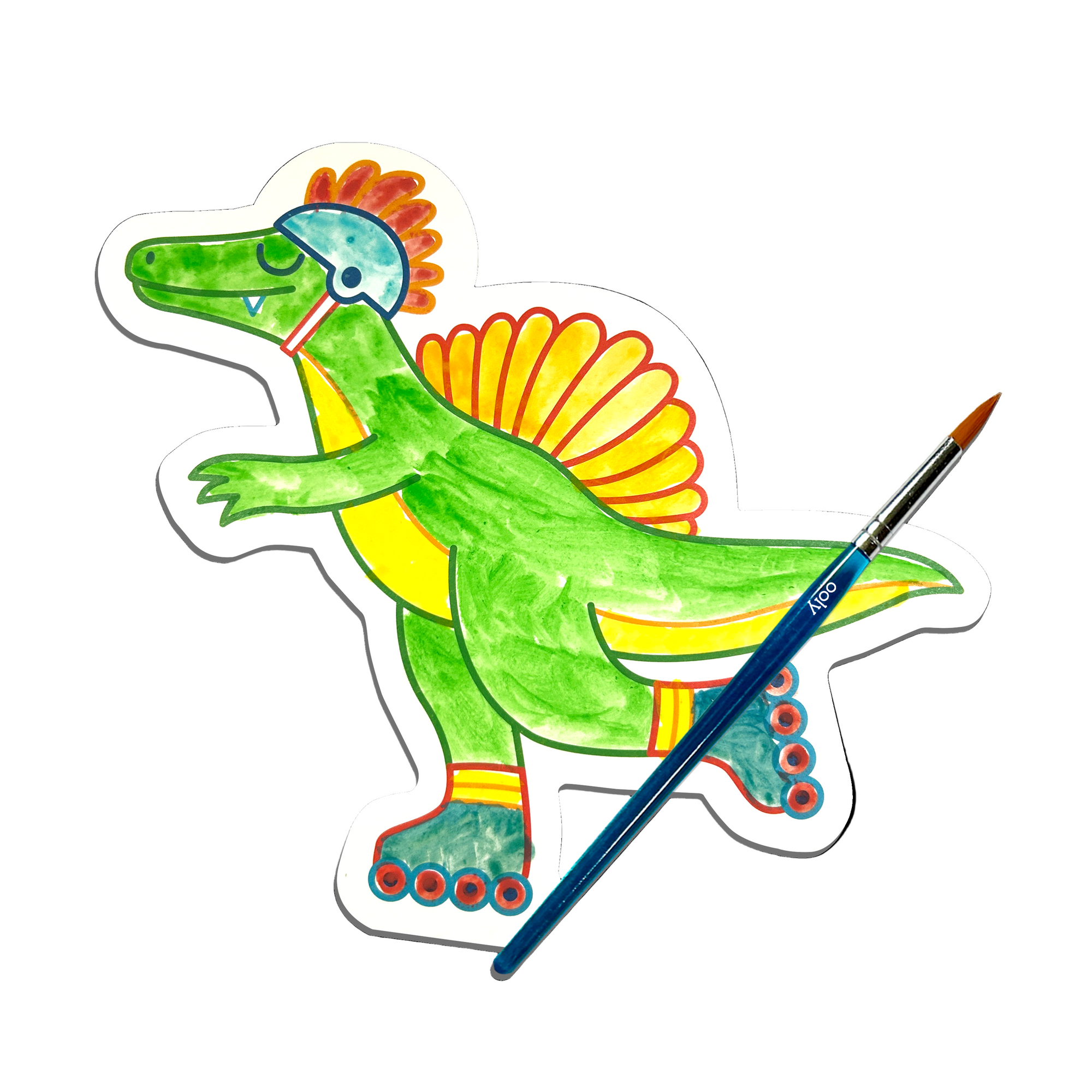 Colorful dinosaur illustration with a paintbrush on a white background