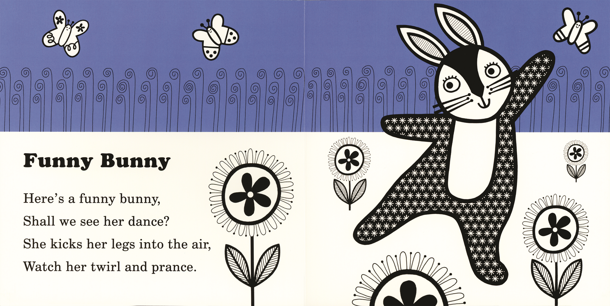 Illustration of a bunny dancing with text on a blue background